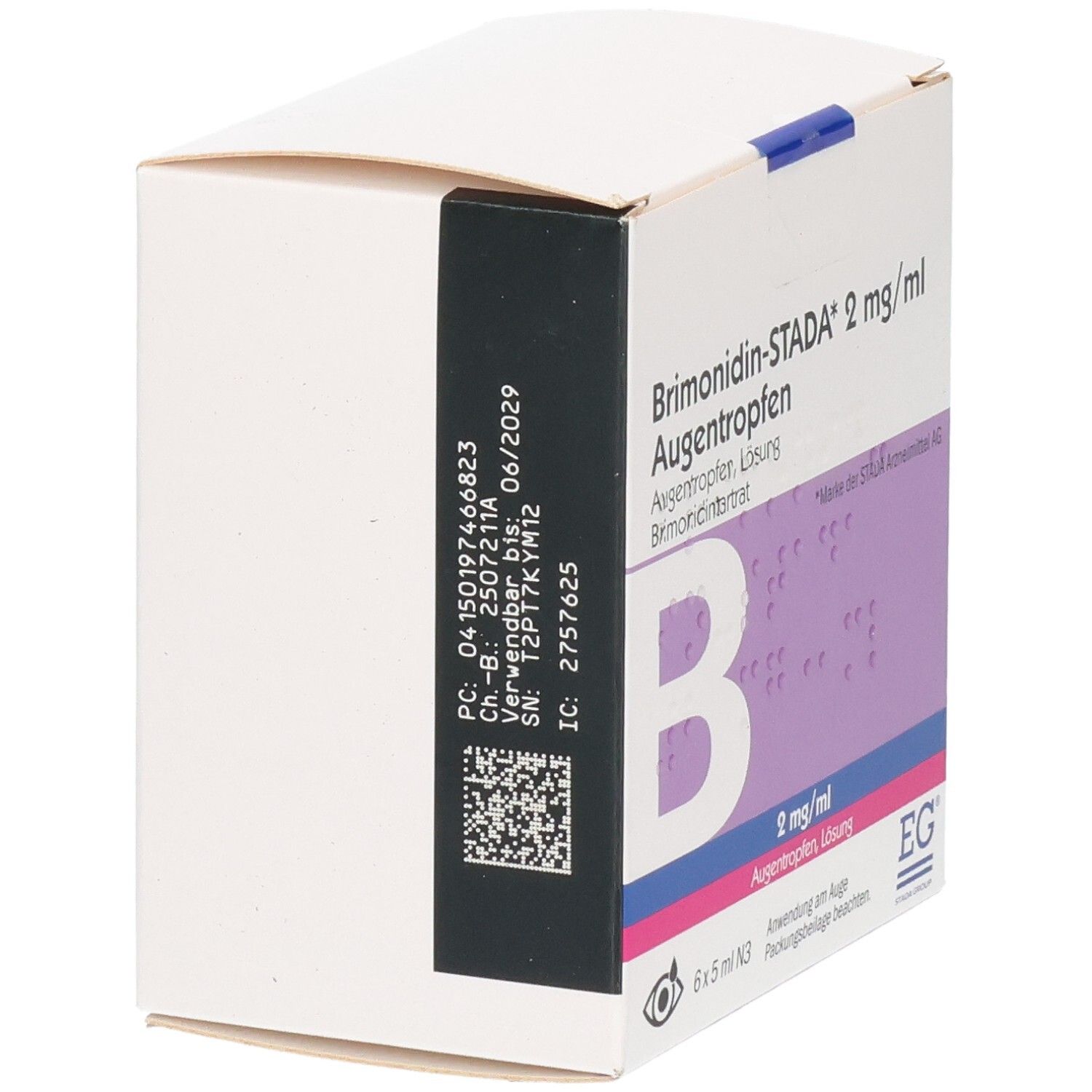 Brimonidin-STADA 2 mg/ml Augentropfen Verpackung, Rückseite mit Chargennummer und Verfallsdatum.