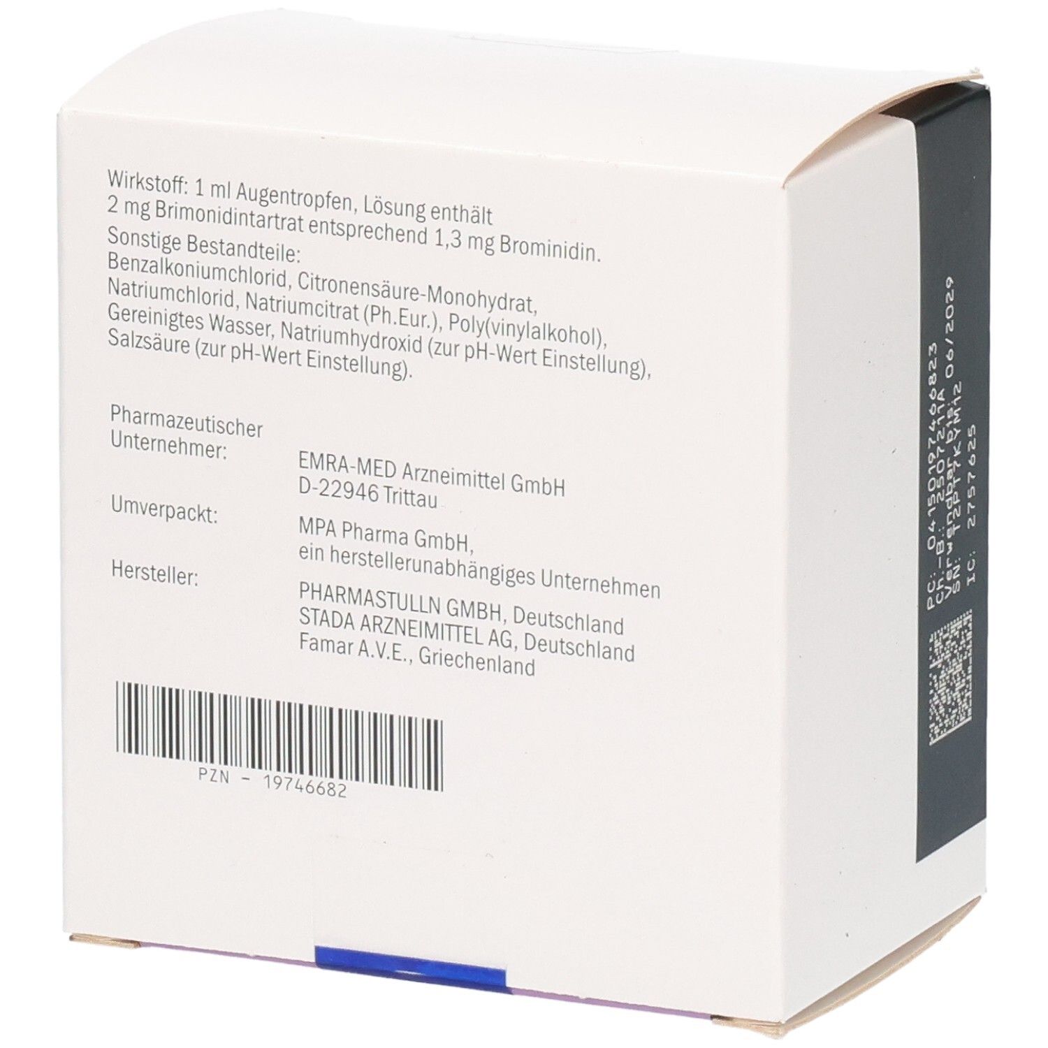 Brimonidin-STADA 2 mg/ml Augentropfen Verpackung, Seitenansicht mit Inhaltsstoffen und Herstellerinformationen.