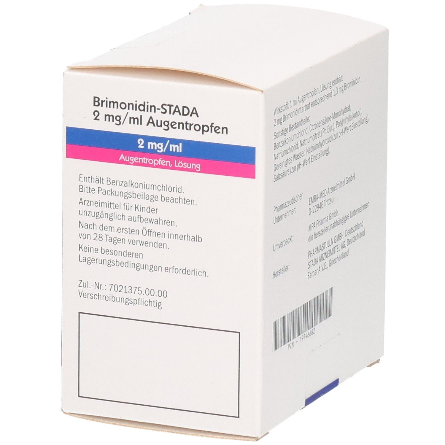 Brimonidin-STADA 2 mg/ml Augentropfen Verpackung, Vorderseite mit Anwendungshinweisen.