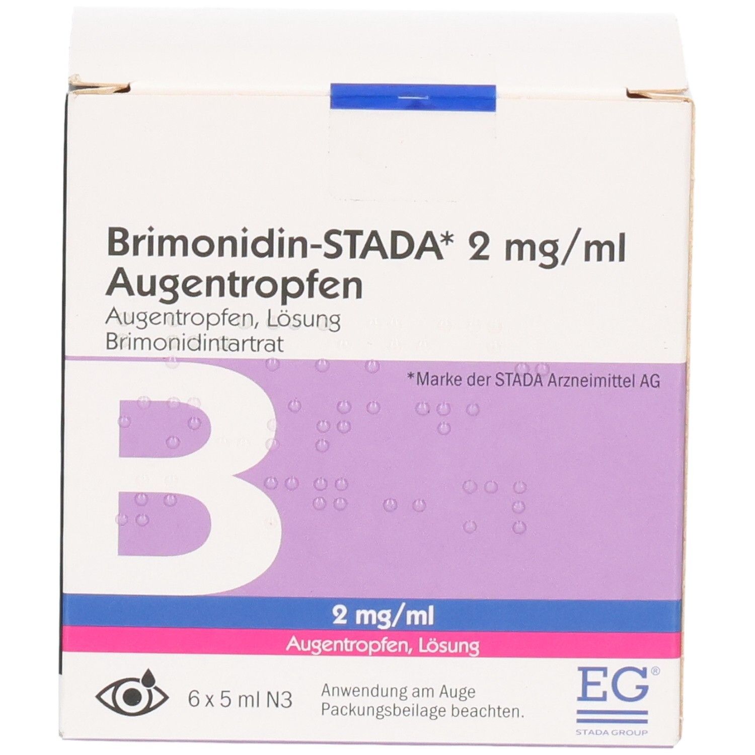 Brimonidin-STADA 2 mg/ml Augentropfen Verpackung, Vorderseite mit großem 'B' Symbol.