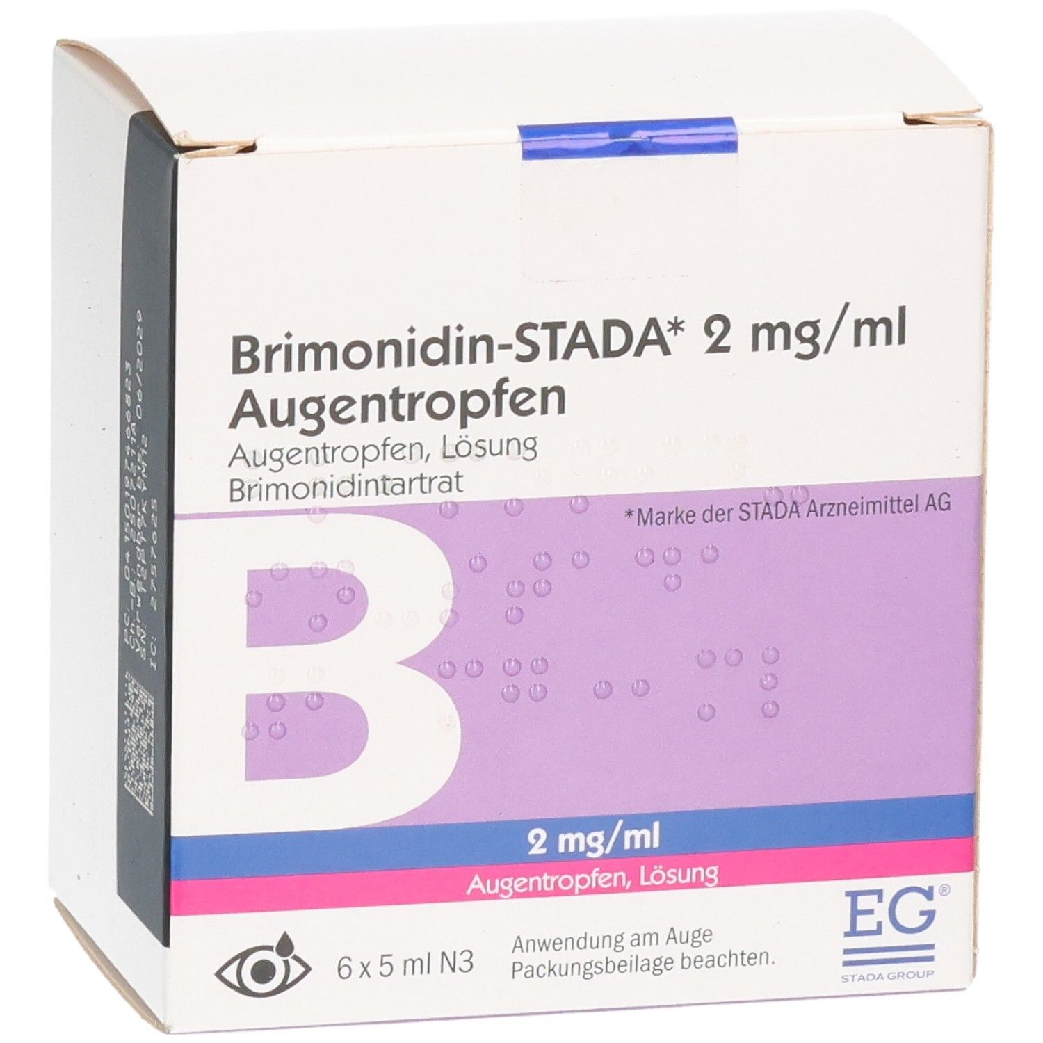 Brimonidin-STADA 2 mg/ml Augentropfen Verpackung, Vorderseite mit 'B' Symbol und EG-Logo.
