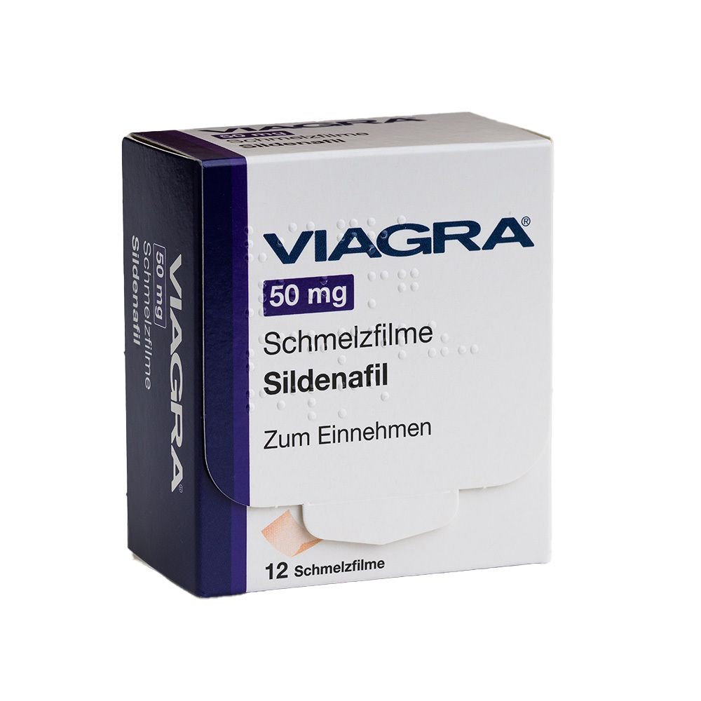 Weiße Schachtel mit blauer Schrift. Aufschrift: VIAGRA 50 mg Schmelzfilme Sildenafil. 12 Schmelzfilme.