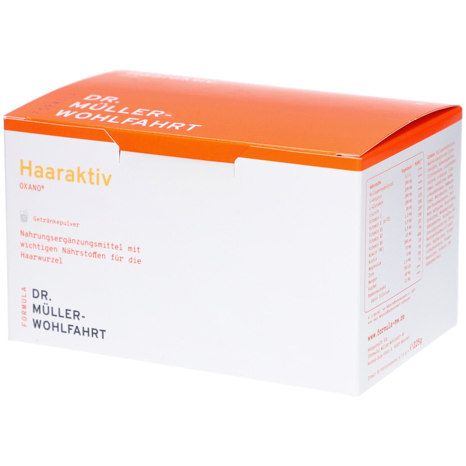 Weiß-orange Schachtel mit "Haaraktiv OXANO"-Schriftzug. Nahrungsergänzungsmittel für die Haarwurzel. Marke: Dr. Müller-Wohlfahrt.
