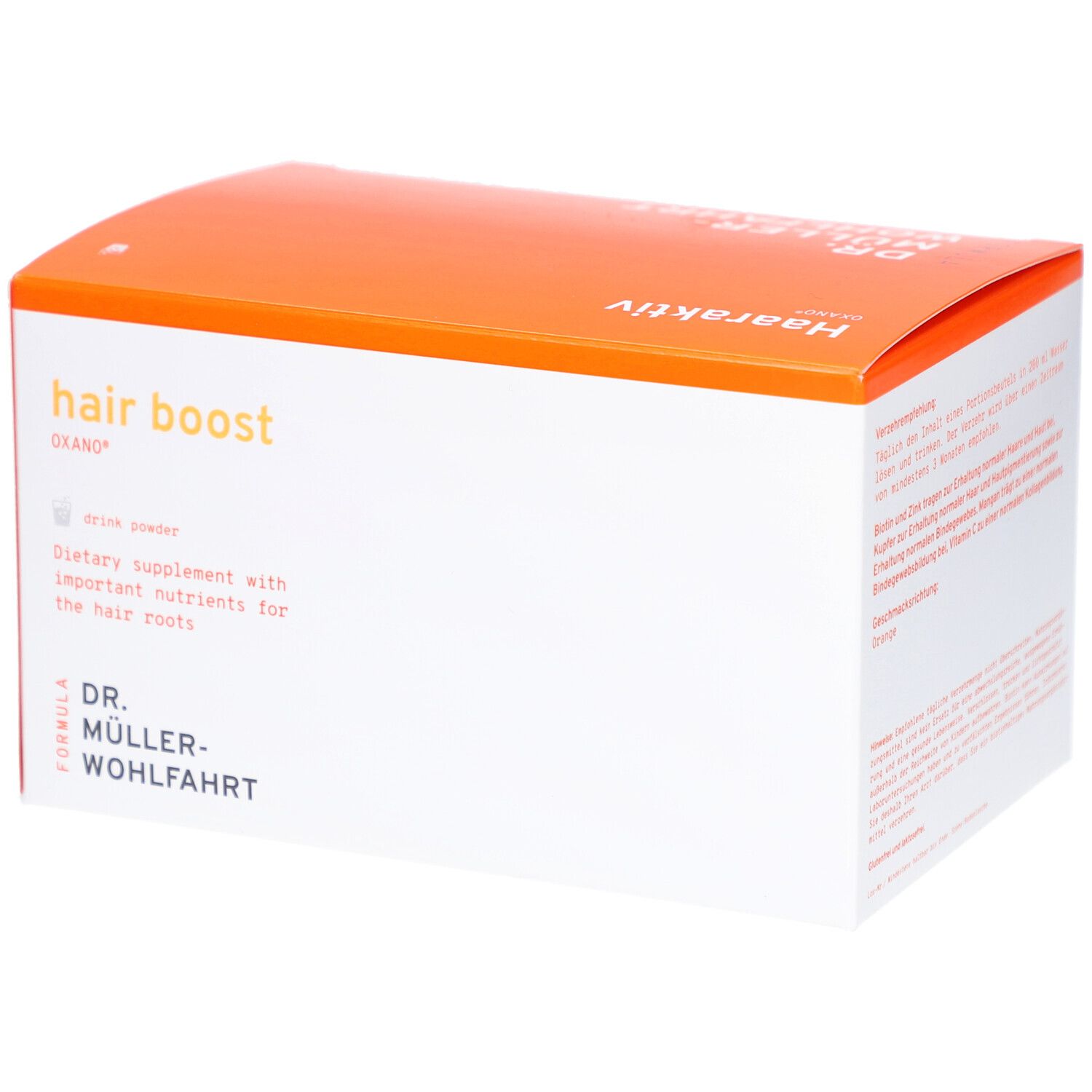 Schachtel mit "hair boost OXANO". Nahrungsergänzungsmittel für die Haarwurzel. Marke: Dr. Müller-Wohlfahrt.