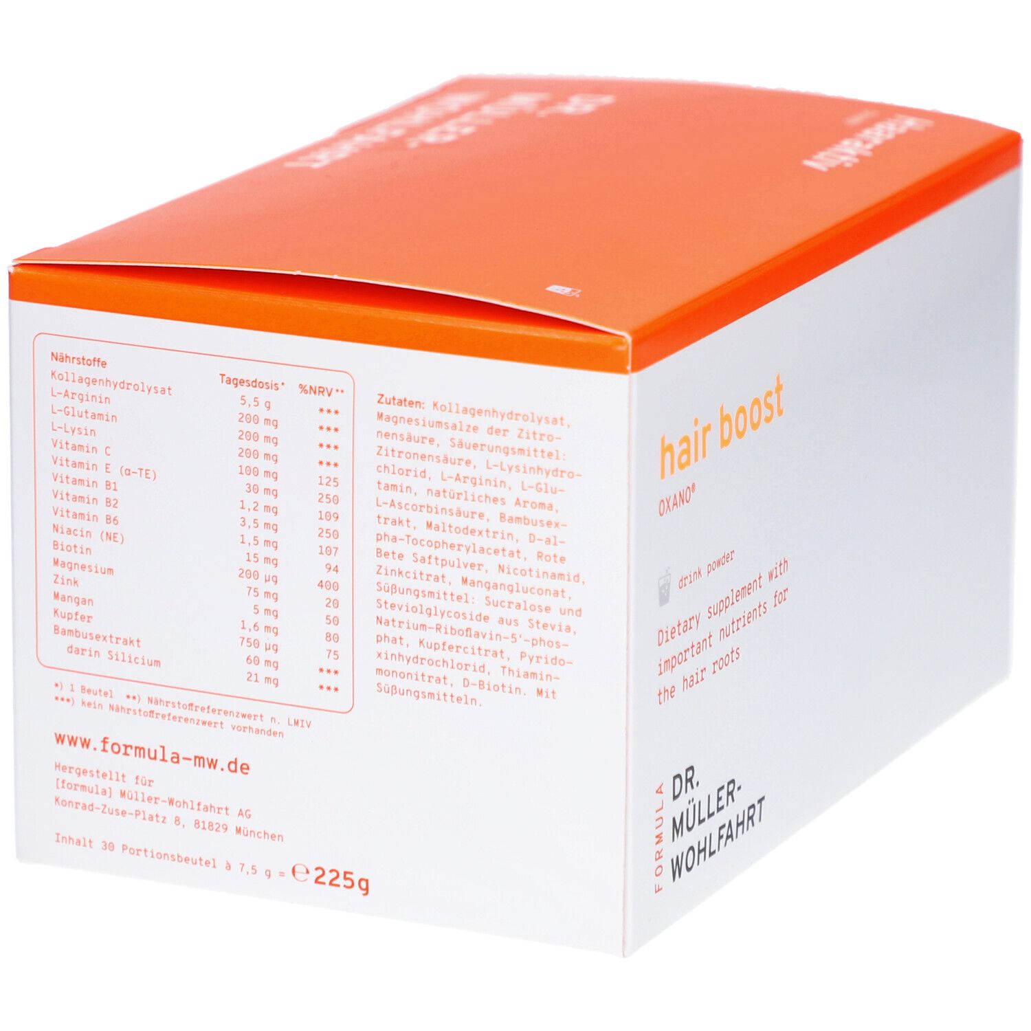 Schachtel mit "hair boost OXANO". Auflistung der Inhaltsstoffe und Nährwerte. Marke: Dr. Müller-Wohlfahrt.