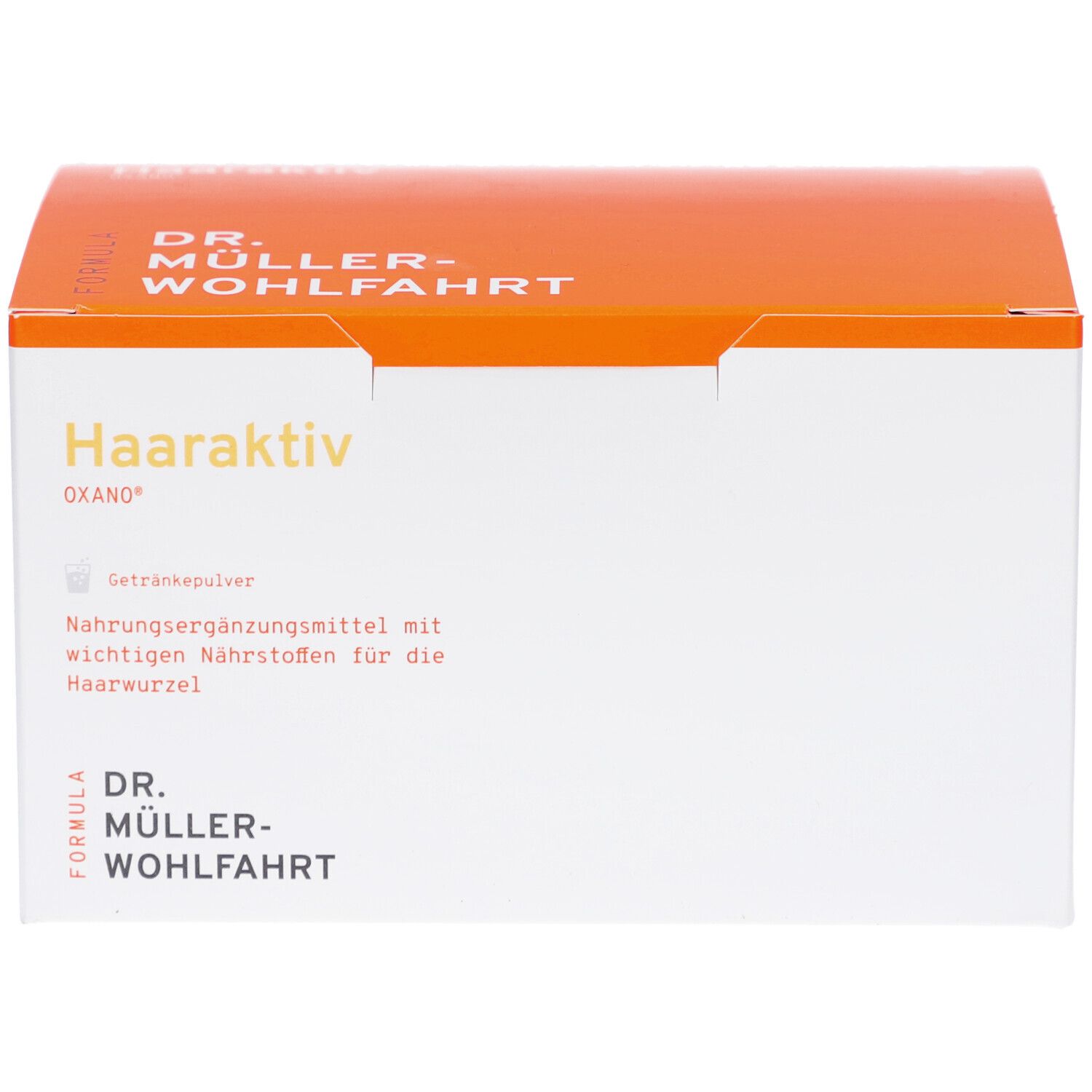 Weiß-orange Schachtel mit "Haaraktiv OXANO"-Schriftzug. Nahrungsergänzungsmittel für die Haarwurzel. Marke: Dr. Müller-Wohlfahrt.