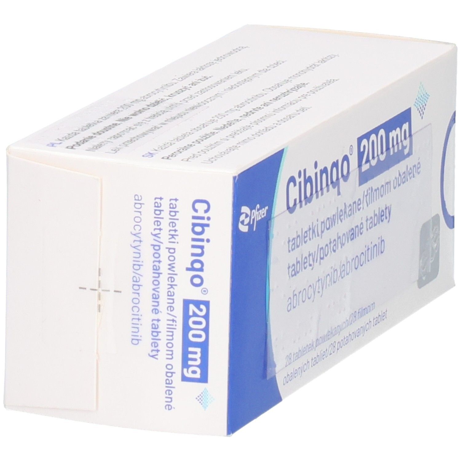 Schachtel CIBINQO 200 mg, schräg. Blaue und weiße Verpackung mit Produktnamen und Dosierung. Pfizer-Logo.