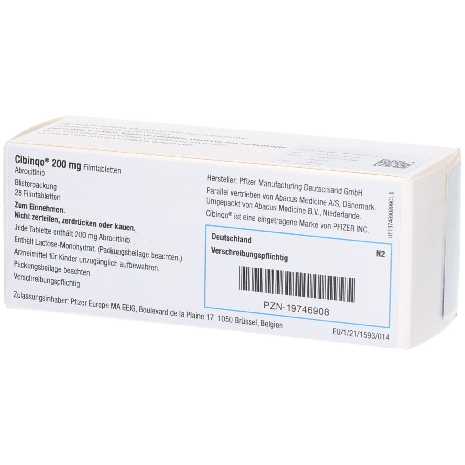 Rückseite der CIBINQO 200 mg Schachtel. Enthält Informationen wie Hersteller, Inhaltsstoffe und Chargennummer.