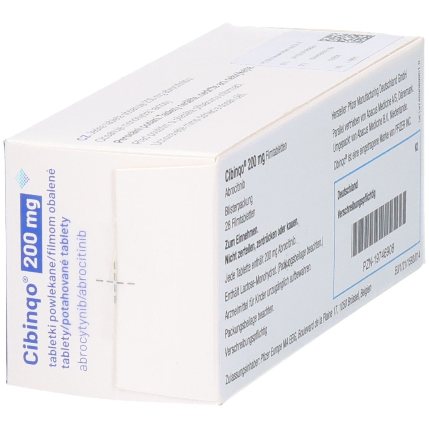 Schachtel CIBINQO 200 mg, schräg, Rückseite. Informationen wie Hersteller, Inhaltsstoffe und Chargennummer.