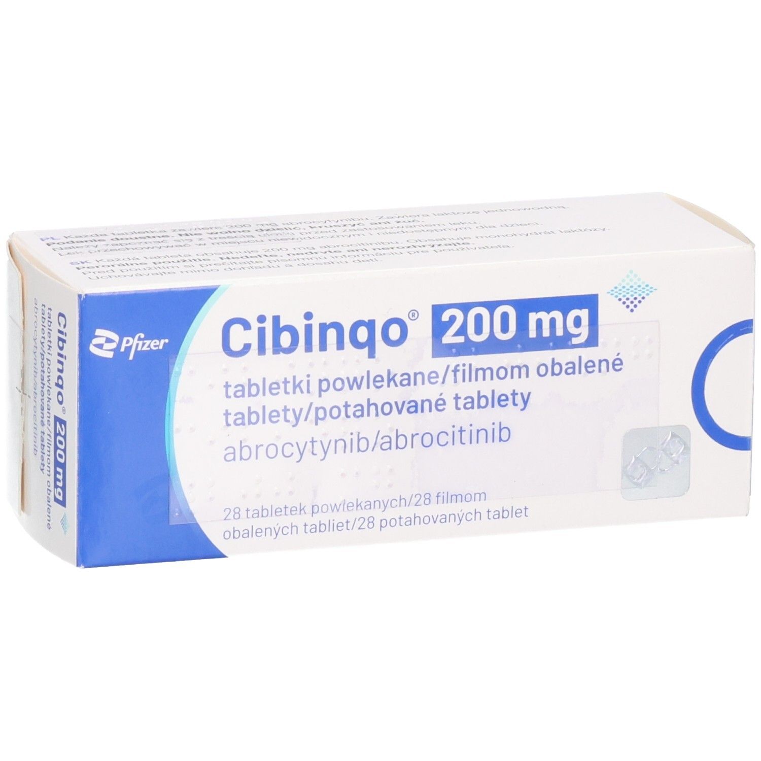 CIBINQO 200 mg Schachtel mit Blisterpackung. Blaue und weiße Verpackung mit Produktnamen und Dosierung.