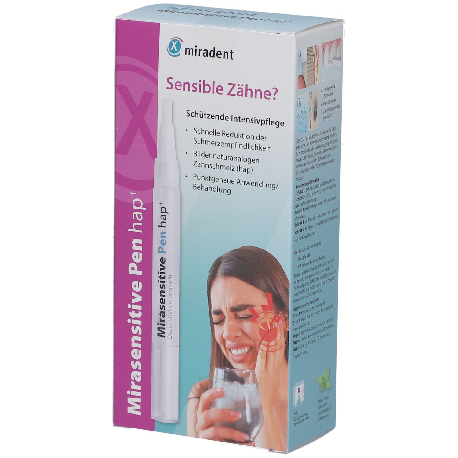 Verpackung mit Miradent Mirasensitive Pen hap+. Frau mit Schmerzen. Text: Sensible Zähne? Schützende Intensivpflege.