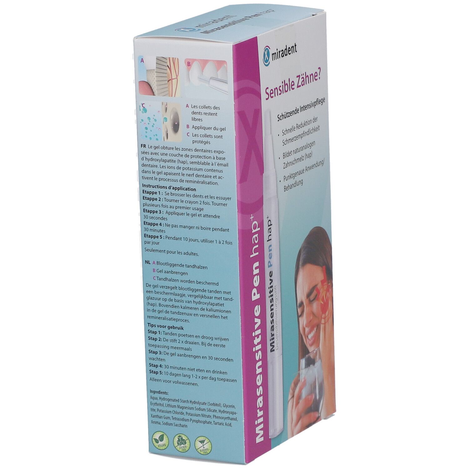 Verpackung Miradent Mirasensitive Pen hap+. Seitenansicht mit Text und Illustrationen. Produktbeschreibung in Deutsch, Französisch und Niederländisch.