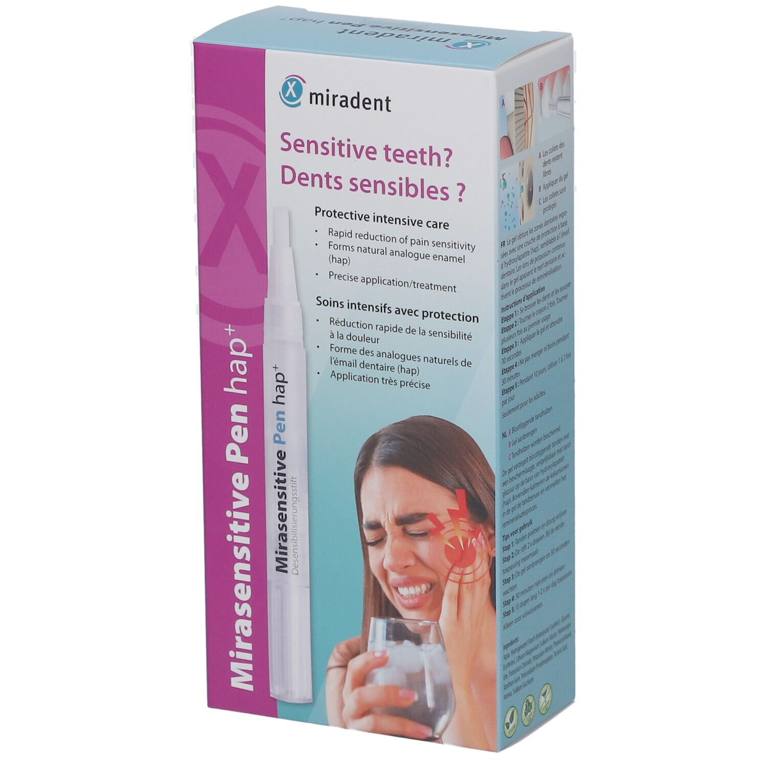 Verpackung Miradent Mirasensitive Pen hap+. Text: Sensitive teeth? Protective intensive care. Frau mit Schmerzen.