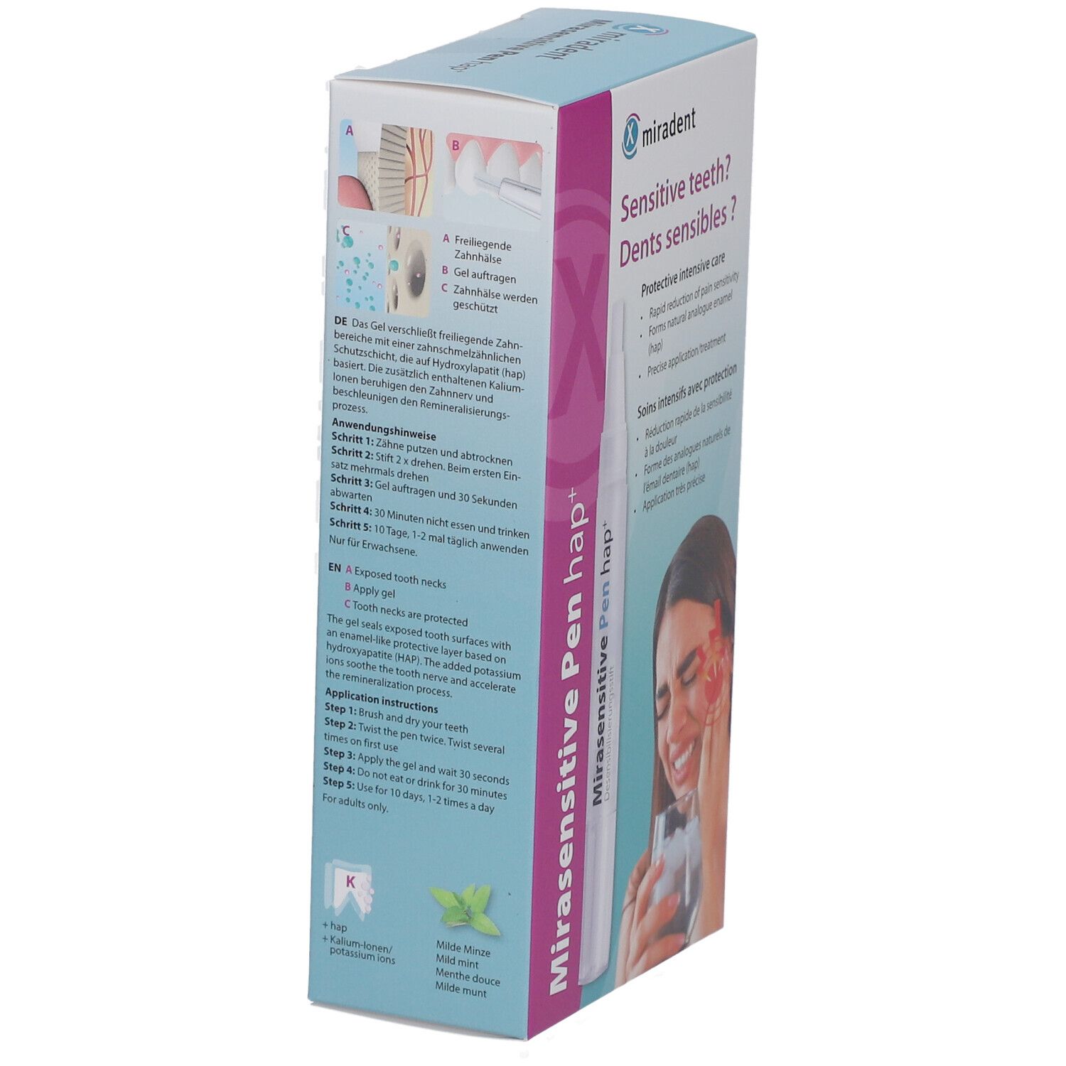 Verpackung Miradent Mirasensitive Pen hap+. Seitenansicht mit Text und Illustrationen. Produktbeschreibung in Englisch, Deutsch, Französisch.