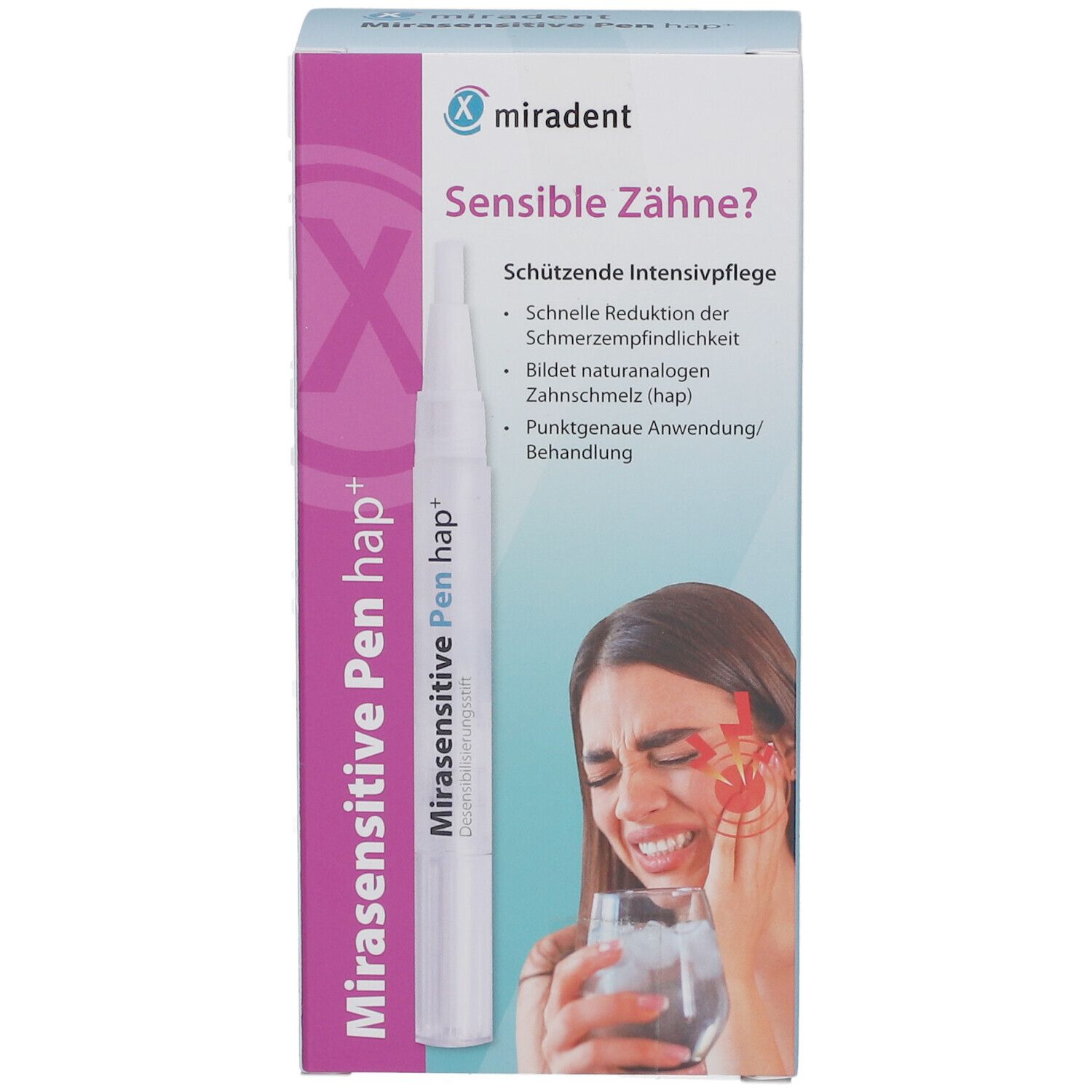 Verpackung Miradent Mirasensitive Pen hap+. Frau mit Schmerzen. Text: Sensible Zähne? Schützende Intensivpflege.