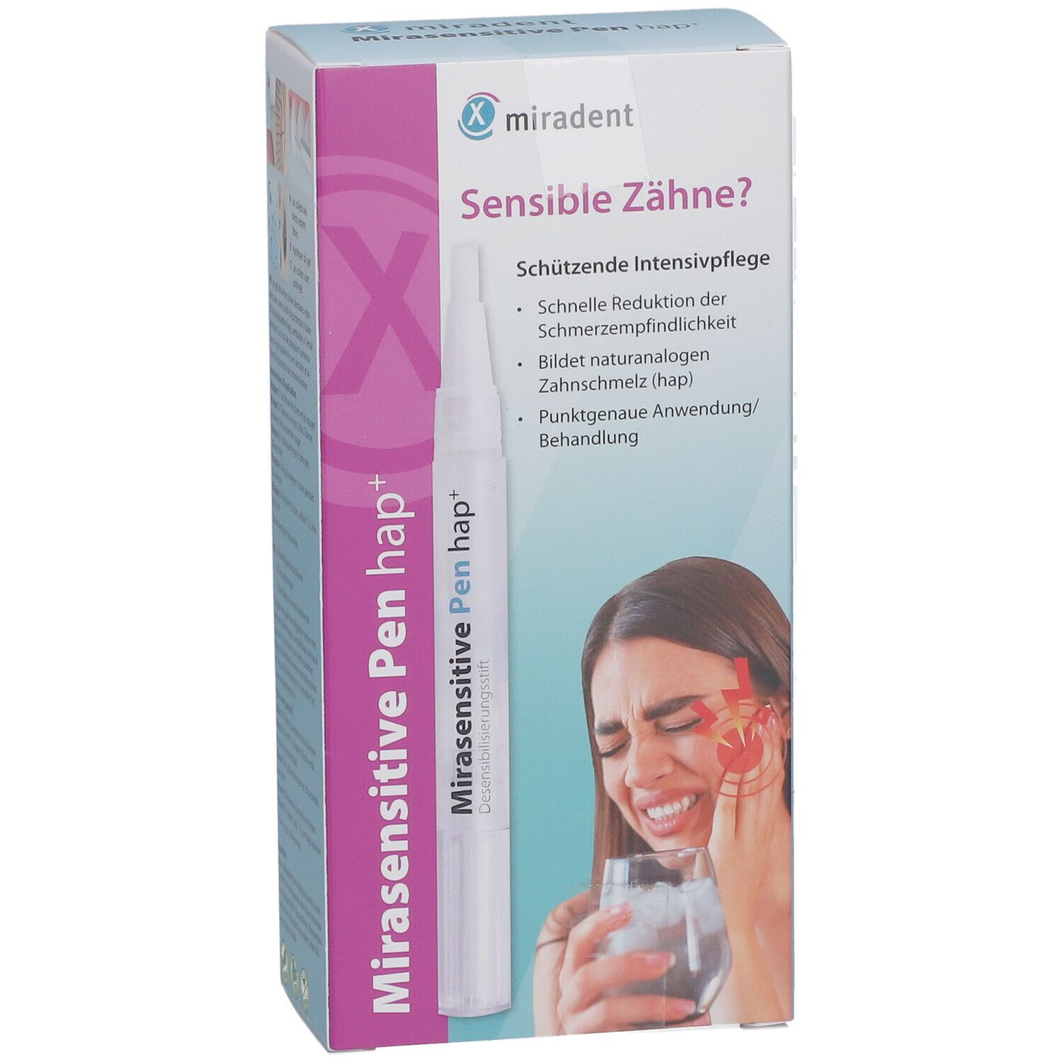 Verpackung Miradent Mirasensitive Pen hap+. Frau mit Schmerzen. Text: Sensible Zähne? Schützende Intensivpflege.