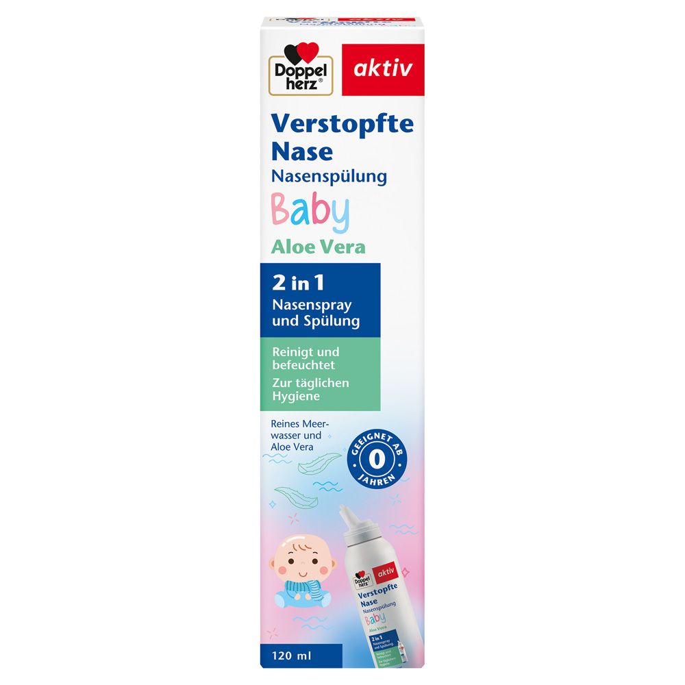 Nasenspray für Babys. Doppelherz aktiv, Baby, Aloe Vera. 2 in 1 Nasenspray und Spülung. Für Babys ab 0 Monaten.