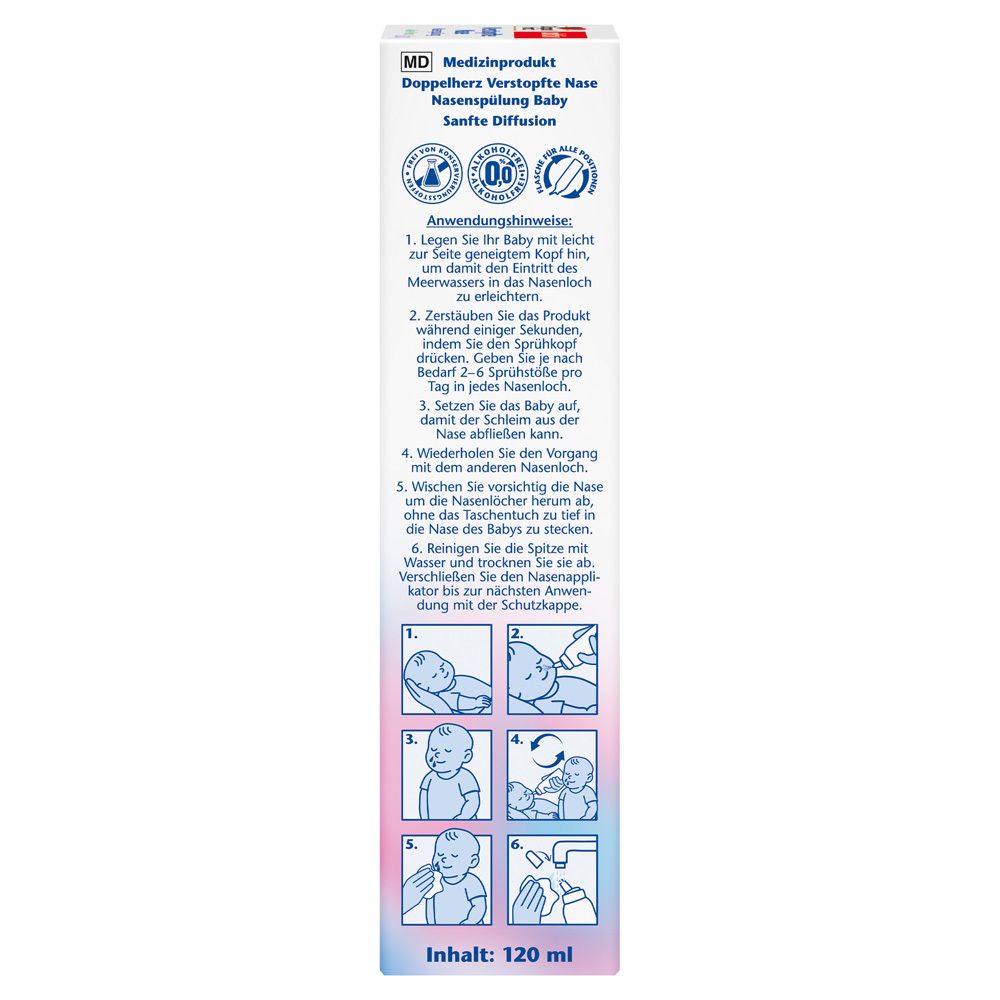 Produktverpackung. Doppelherz aktiv Nasenspülung Baby. Anwendungshinweise mit Piktogrammen. Inhalt: 120 ml.