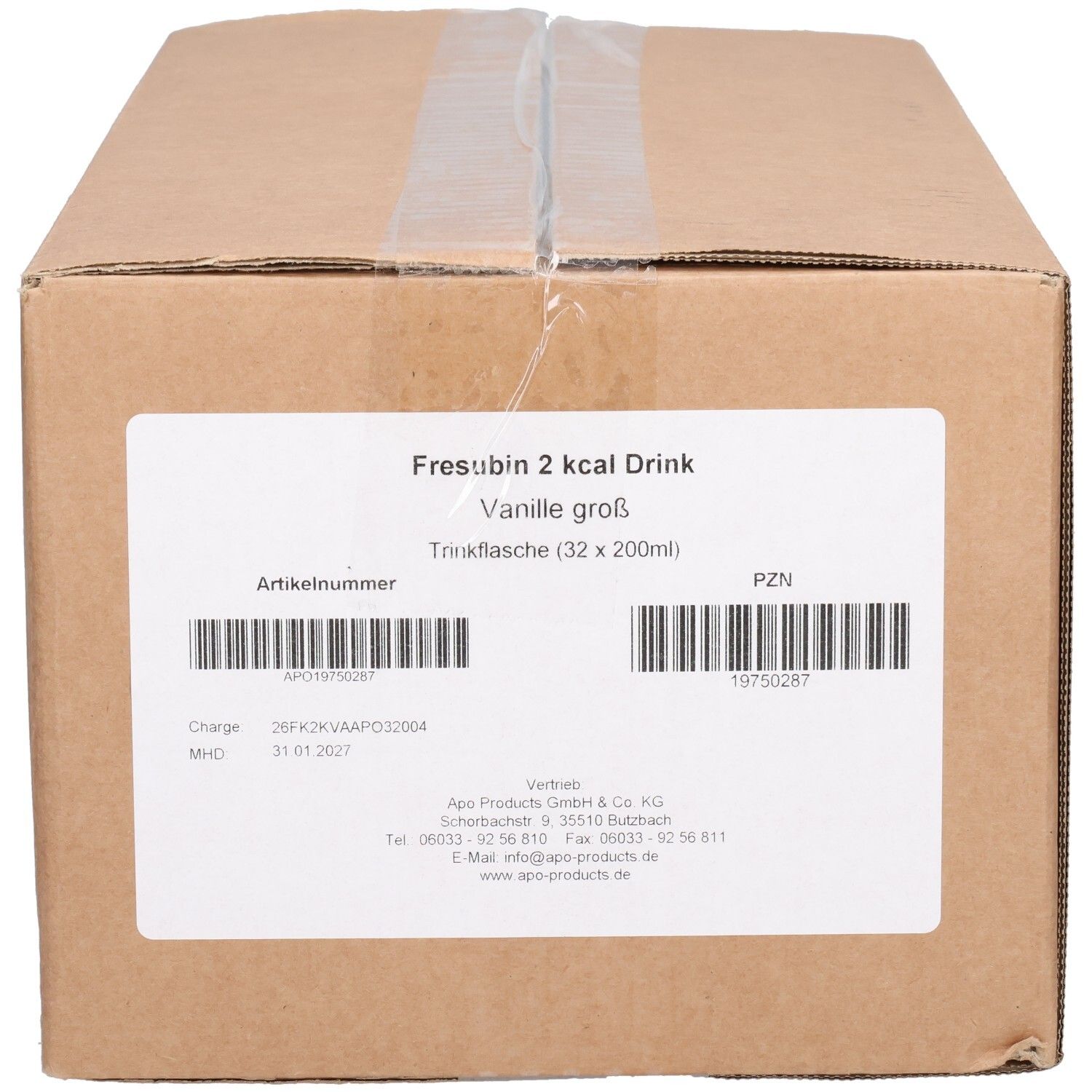 Geschlossener Karton mit Etikett: Fresubin® 2 KCAL Drink Vanille, Trinkflasche (32 x 200ml).