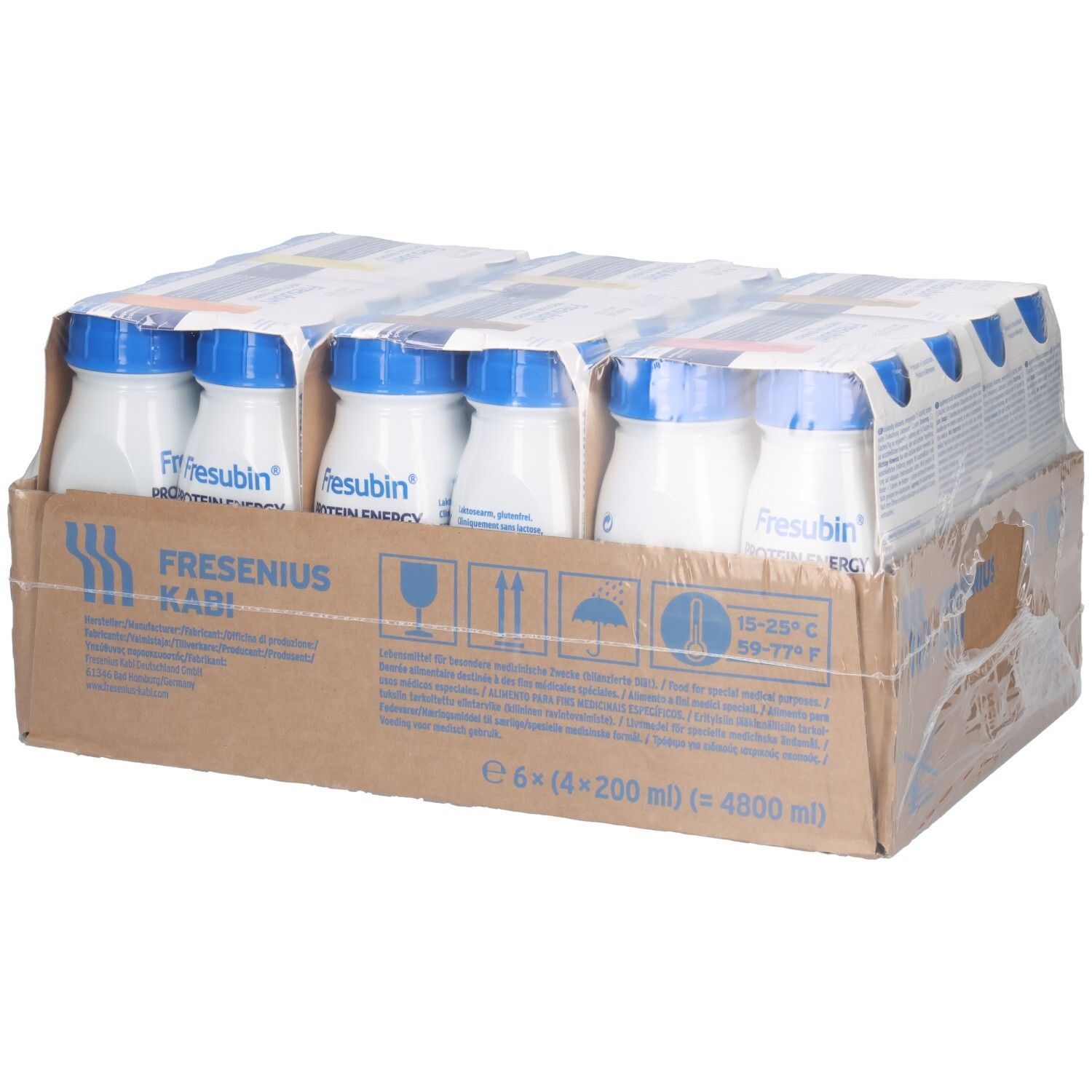 Karton mit FRESUBIN PROTEIN Energy Drink. 6x4 Flaschen mit blauen Deckeln. Fresenius Kabi Logo. 6 x 200ml.