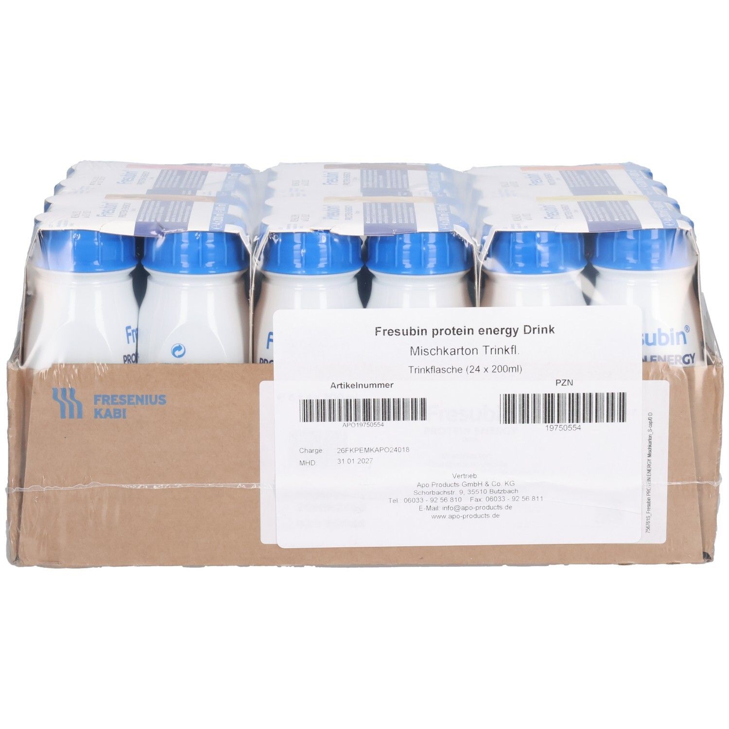 Karton mit 24 Trinkflaschen FRESUBIN PROTEIN Energy Drink. Blaue Deckel, weiße Flaschen. Mischkarton Trinkfl.