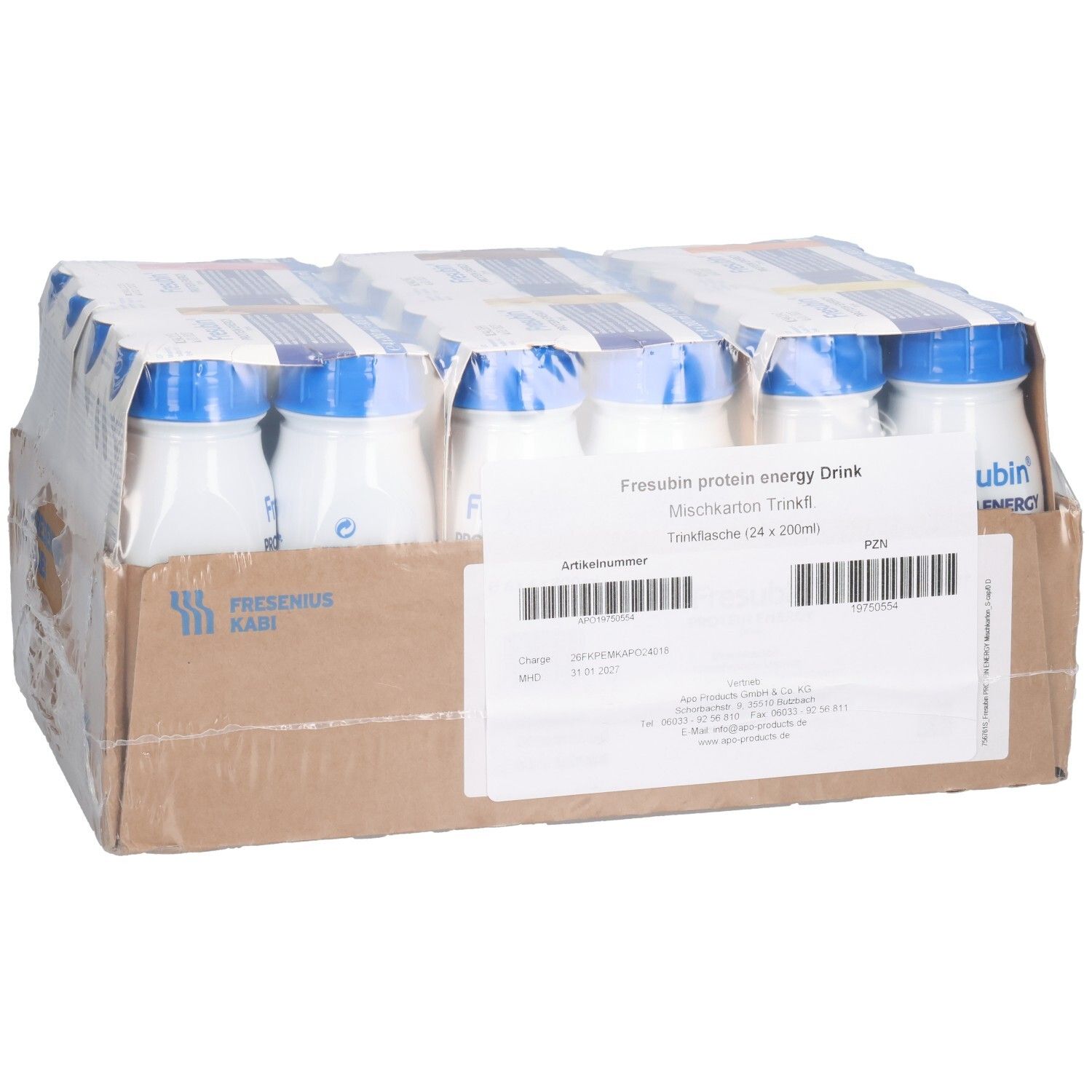 Karton mit FRESUBIN PROTEIN Energy Drink. 24 Trinkflaschen. Blaue Deckel, weiße Flaschen. Mischkarton Trinkfl.