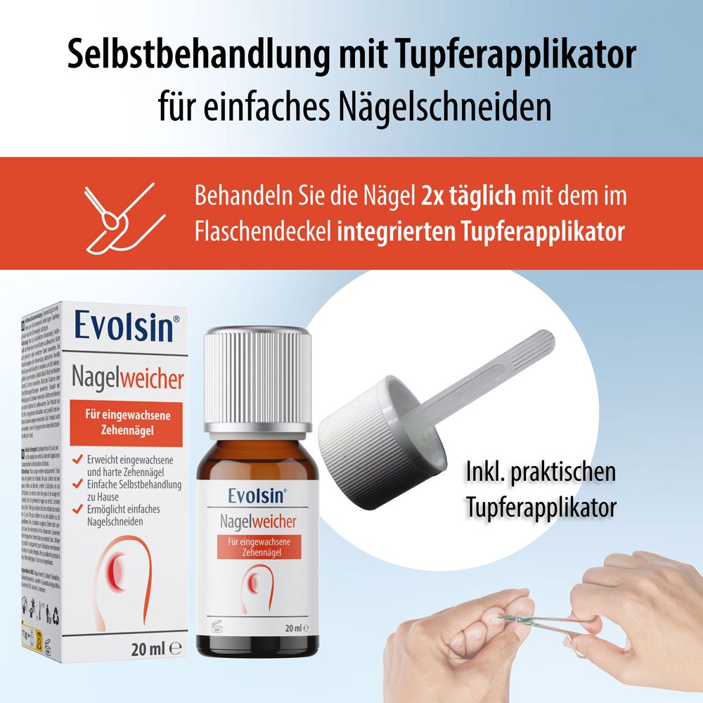 Evolsin Nagelweicher Faltschachtel mit Hinweisen zur Linderung eingewachsener Zehennägel.
