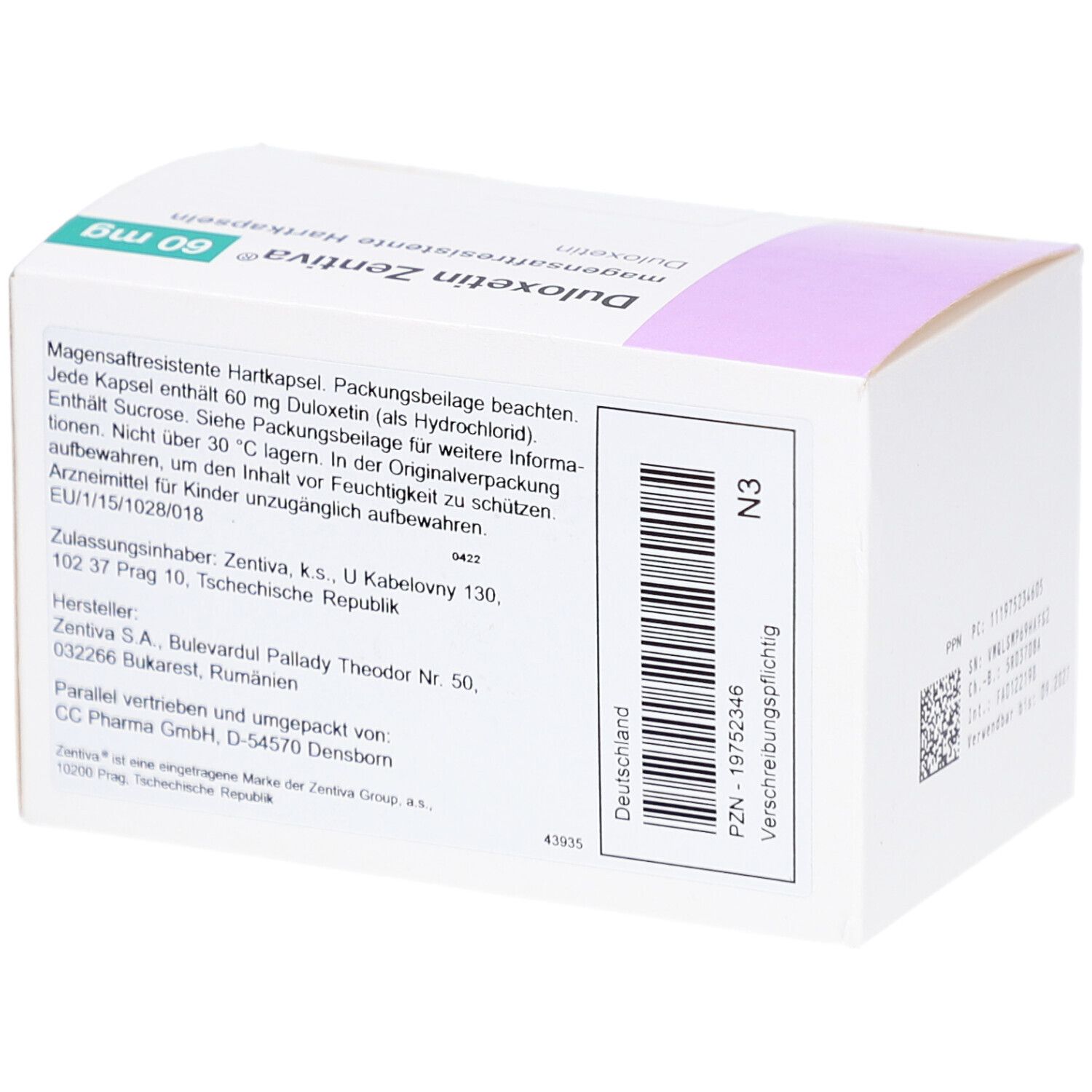 Rückseite der Schachtel DULOXETIN Zentiva 60 mg. Textinformationen, QR-Code, Barcode und Marke Zentiva. Hergestellt in Deutschland.