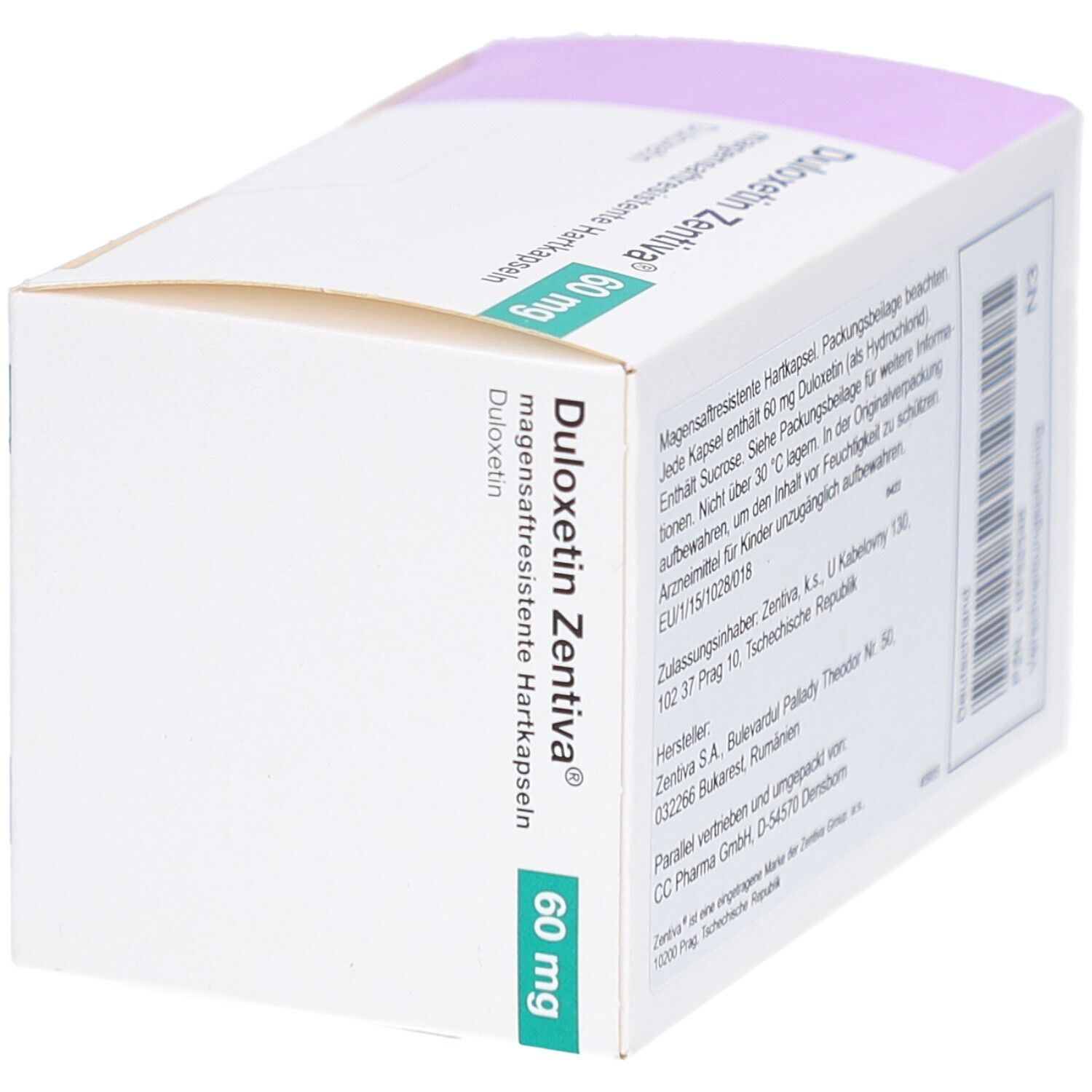 Schachtel DULOXETIN Zentiva 60 mg. Aufschrift: magensaftresistente Hartkapseln. Marke Zentiva. 60 mg Dosierung.