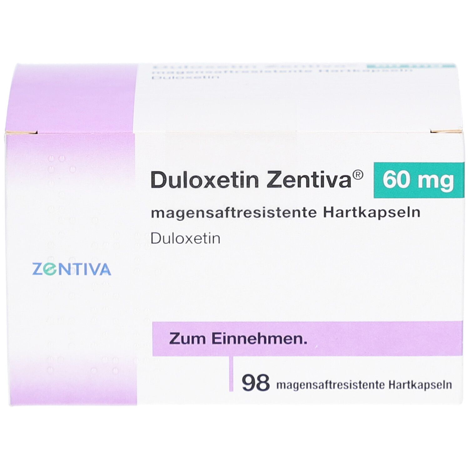 Vorderseite der Schachtel DULOXETIN Zentiva 60 mg. Aufschrift: magensaftresistente Hartkapseln. Marke Zentiva. 98 Kapseln.