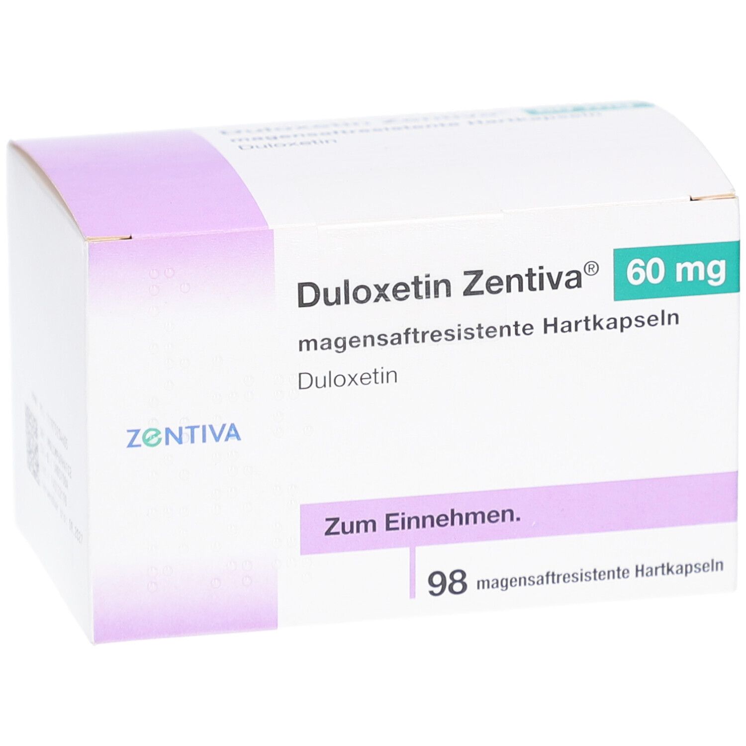 Schachtel DULOXETIN Zentiva 60 mg. Aufschrift: magensaftresistente Hartkapseln. Marke Zentiva. 98 Kapseln.