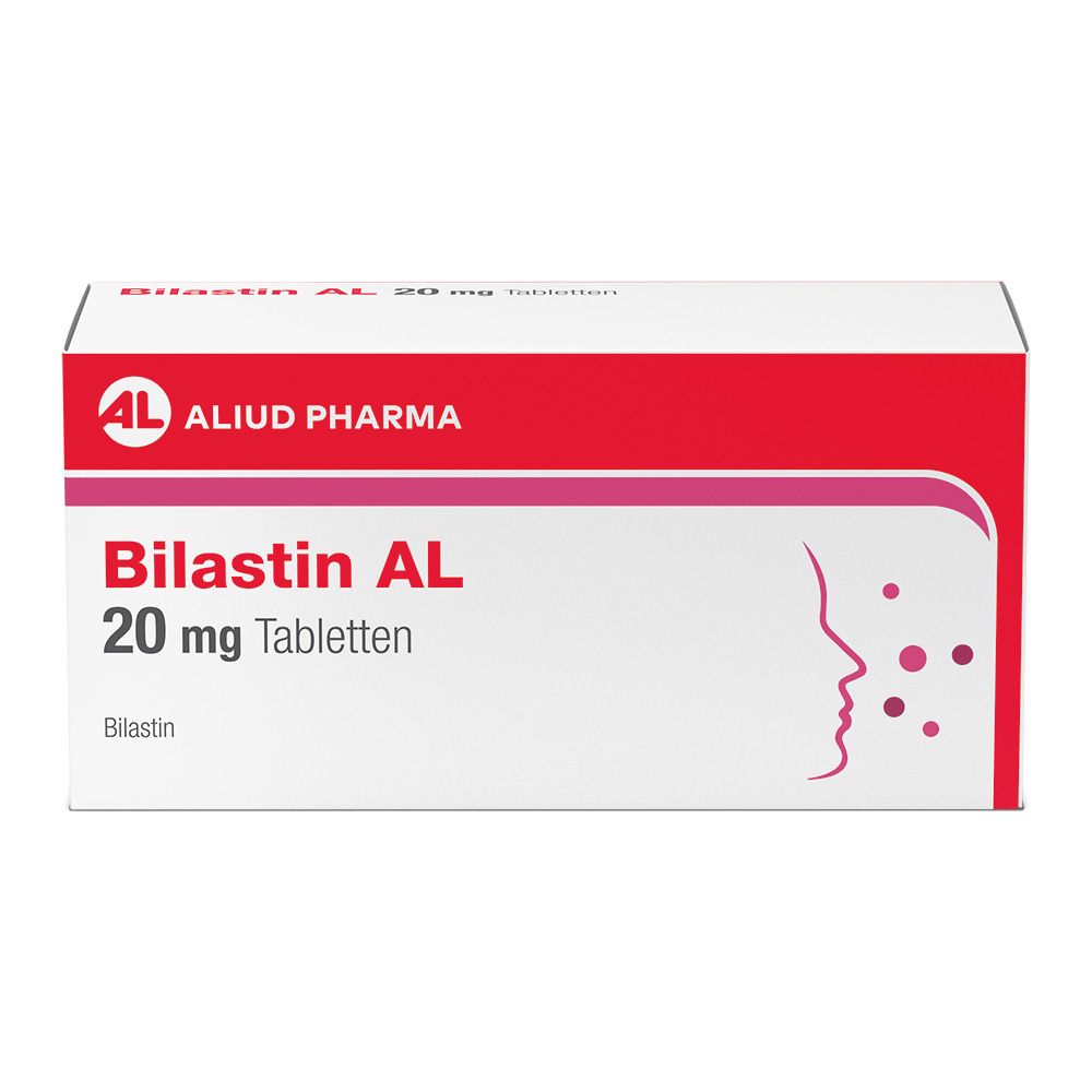 Schachtel mit Bilastin AL 20 mg Tabletten. Rote und weiße Verpackung mit Logo und Produktbezeichnung.