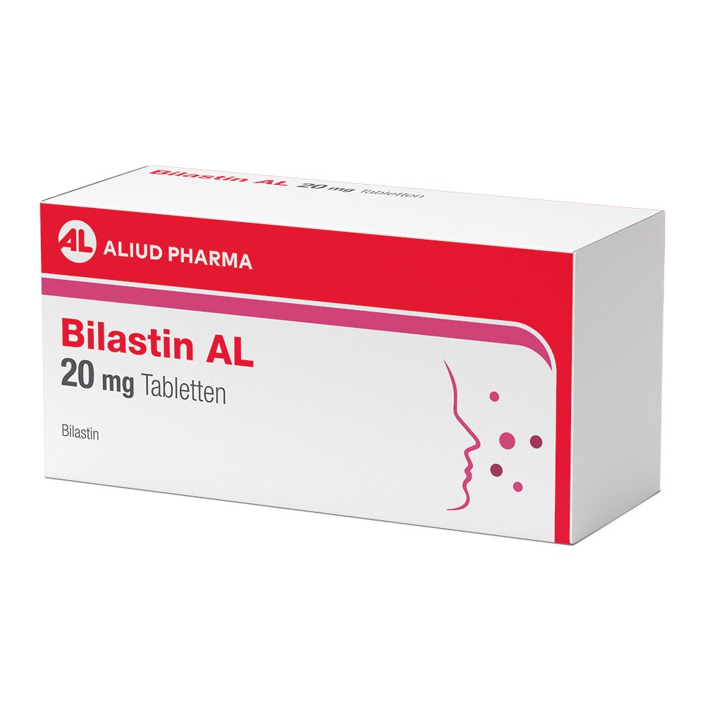 Schachtel mit Bilastin AL 20 mg Tabletten. Rote und weiße Verpackung mit Logo und Produktbezeichnung.
