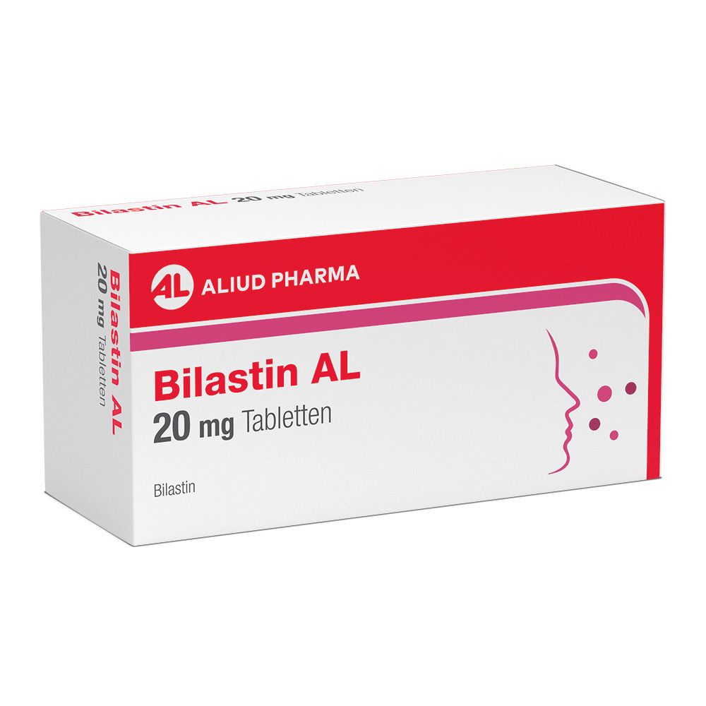 Schachtel mit Bilastin AL 20 mg Tabletten. Rote und weiße Verpackung mit Logo und Produktbezeichnung.