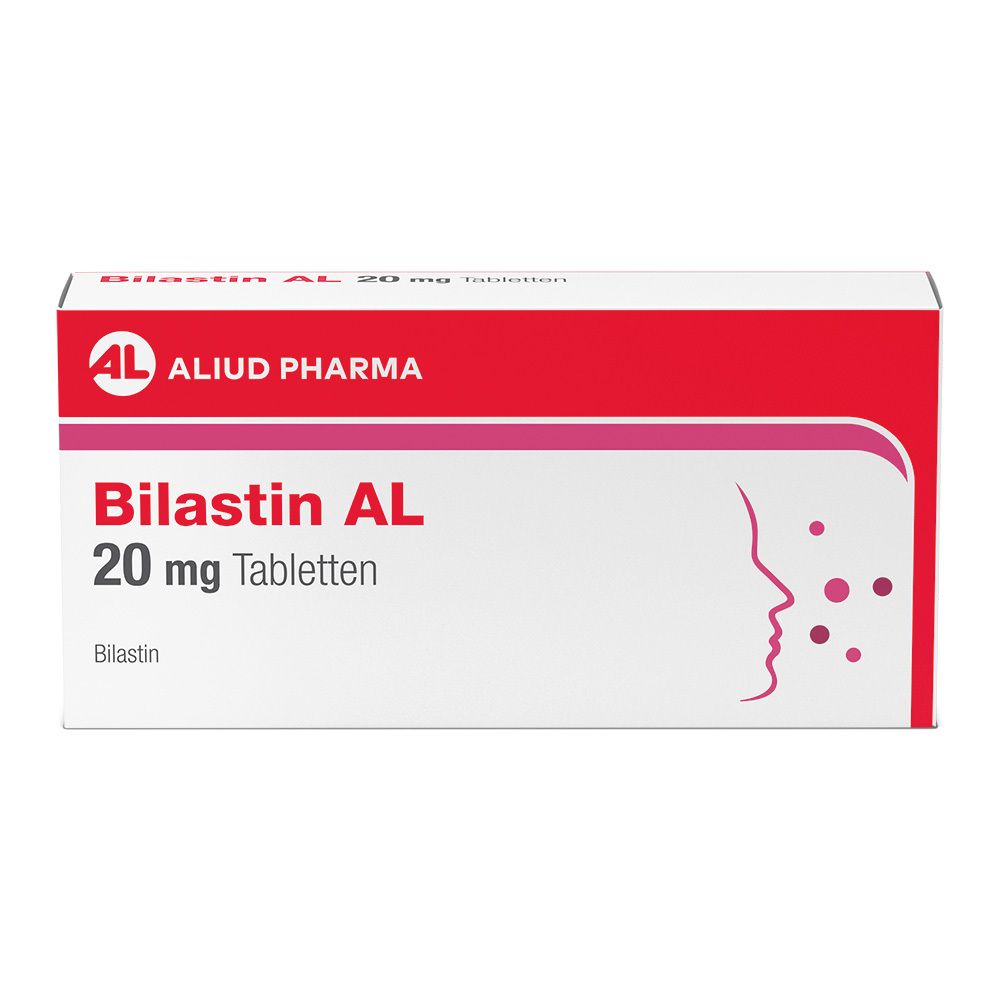 Schachtel mit Bilastin AL 20 mg Tabletten. Rote und weiße Verpackung mit Produktnamen und Logo.