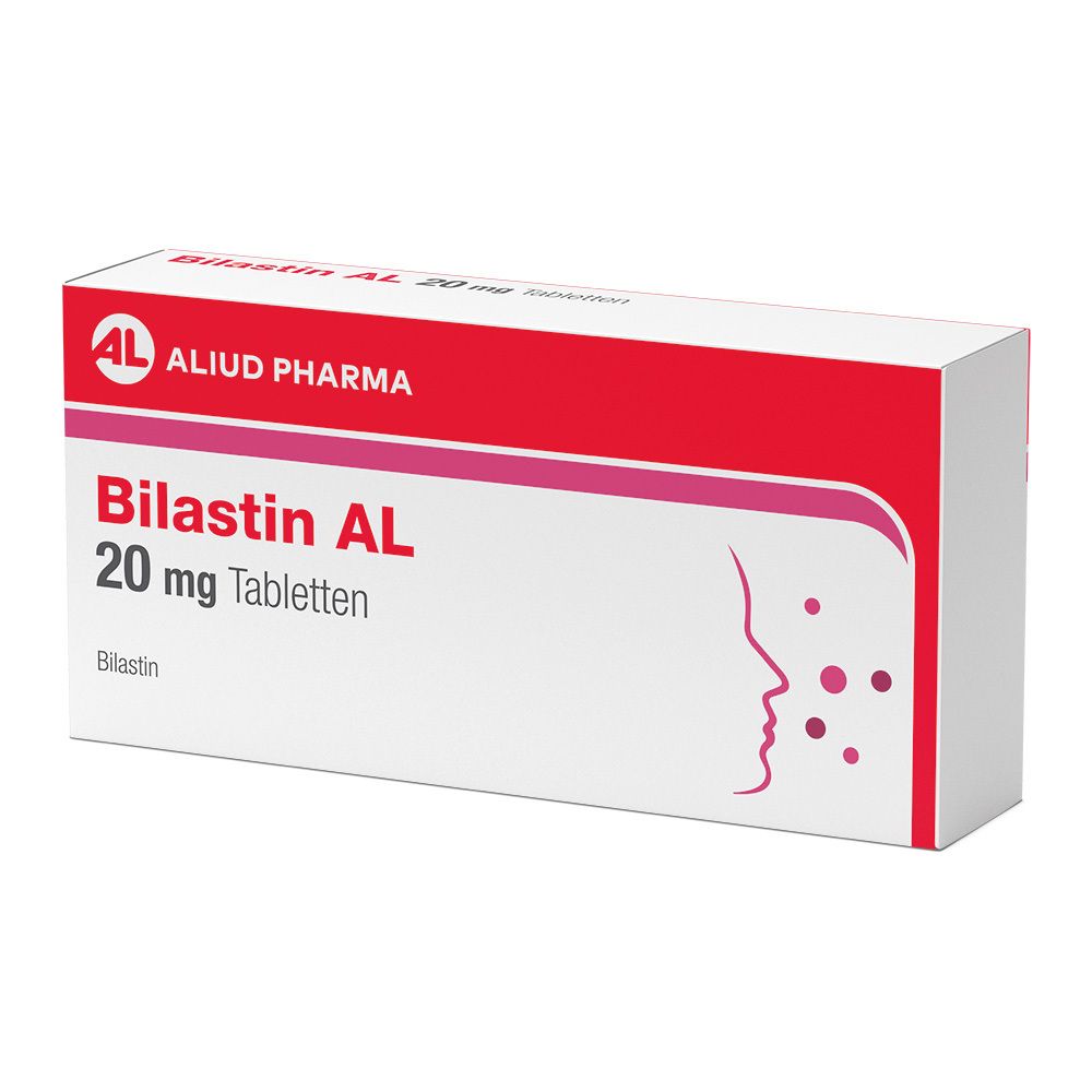 Schachtel mit Bilastin AL 20 mg Tabletten. Rote und weiße Verpackung mit Produktnamen und Logo.