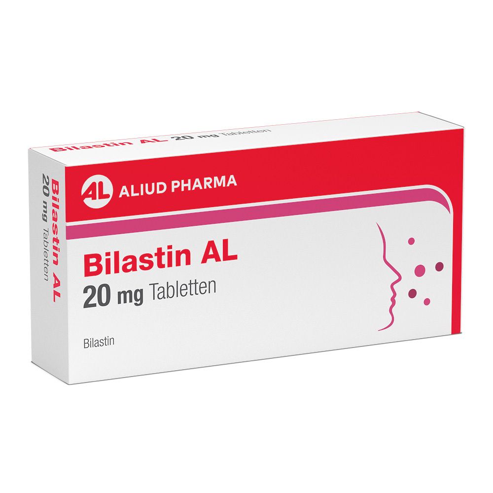 Schachtel mit Bilastin AL 20 mg Tabletten. Rote und weiße Verpackung mit Produktnamen und Logo.
