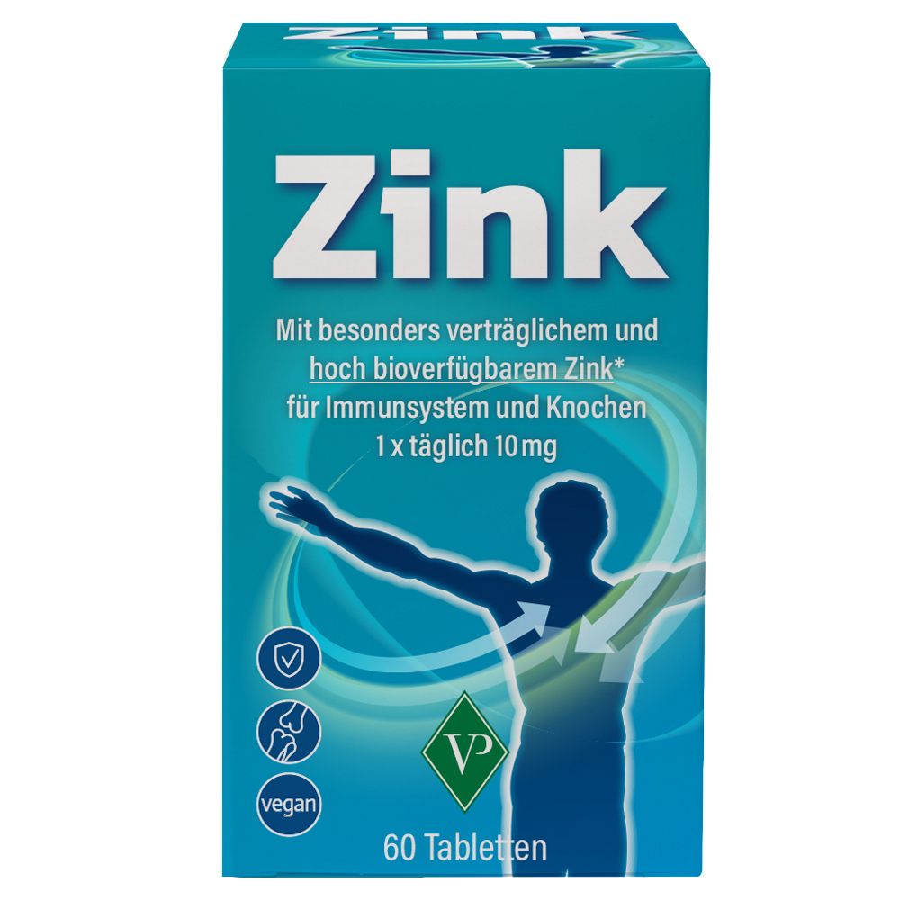 Zink 10 mg Tabletten. Packung mit 60 Tabletten. Blaue Verpackung mit Produktnamen und Angaben zur Anwendung.