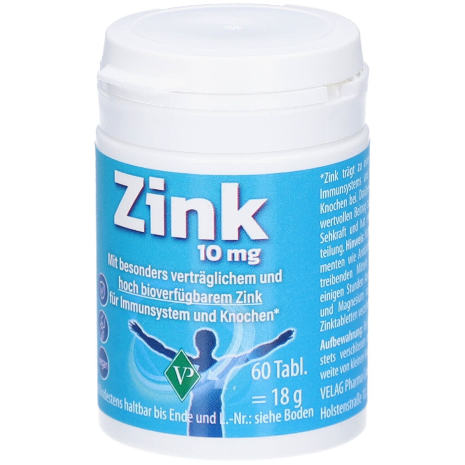 Weiße Dose mit blauem Etikett. Aufschrift: Zink 10 mg, 60 Tabletten. Enthält Zink für Immunsystem und Knochen.