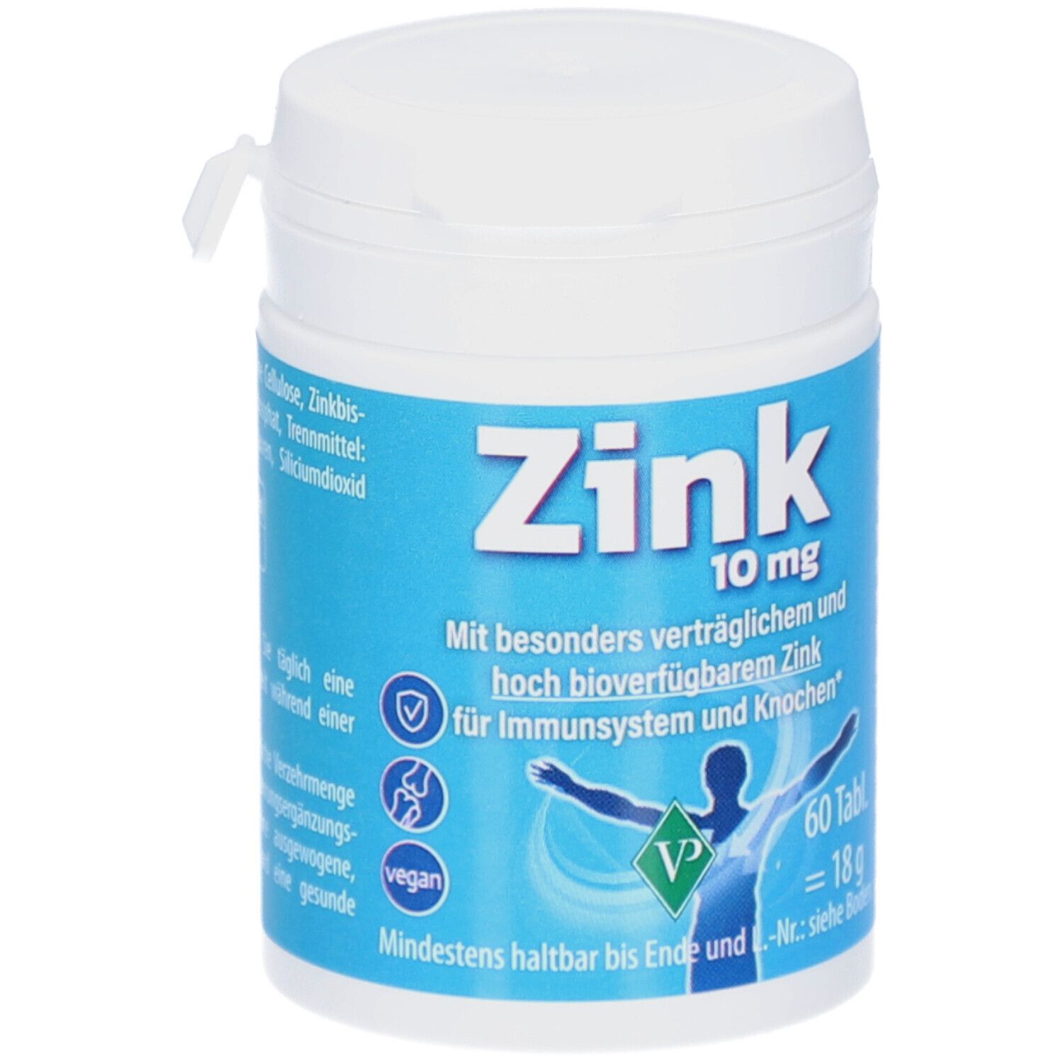 Weiße Dose mit blauem Etikett. Aufschrift: Zink 10 mg, 60 Tabletten. Enthält Zink für Immunsystem und Knochen.
