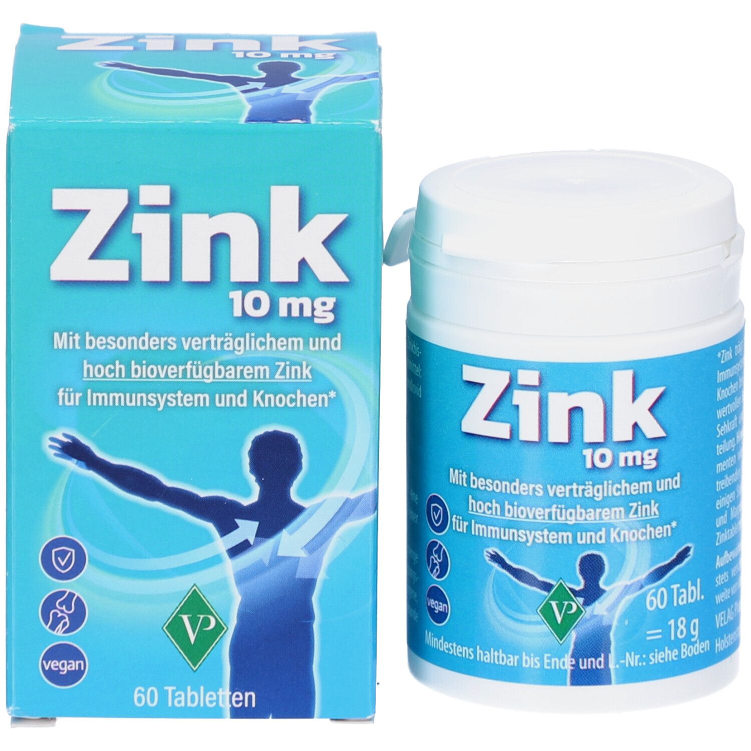 Produktverpackung: Dose und Schachtel. Aufschrift: Zink 10 mg, 60 Tabletten. Enthält Zink für Immunsystem und Knochen.
