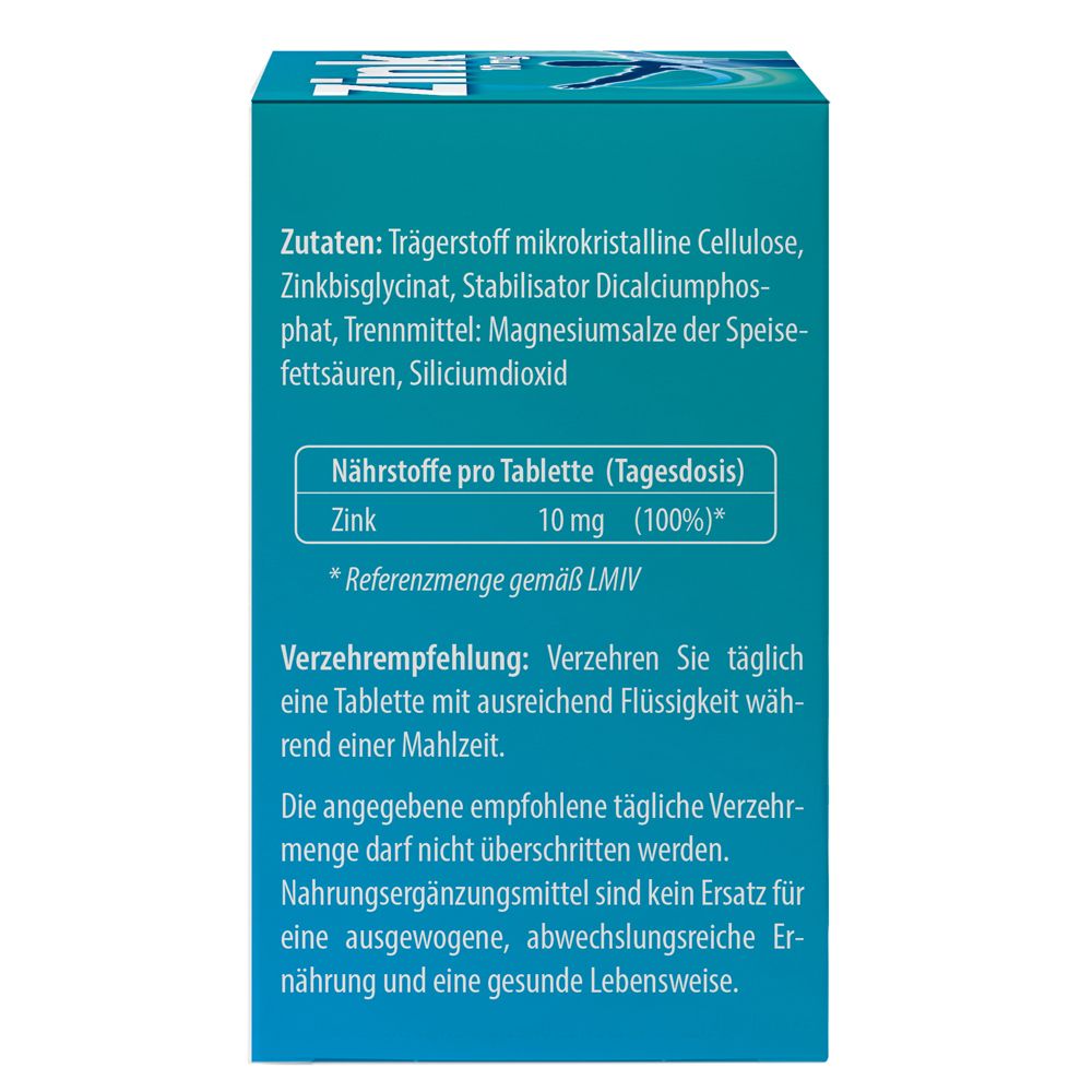 Detailansicht der Inhaltsstoffe und Nährwertangaben auf der Zink 10 mg Tabletten-Verpackung.