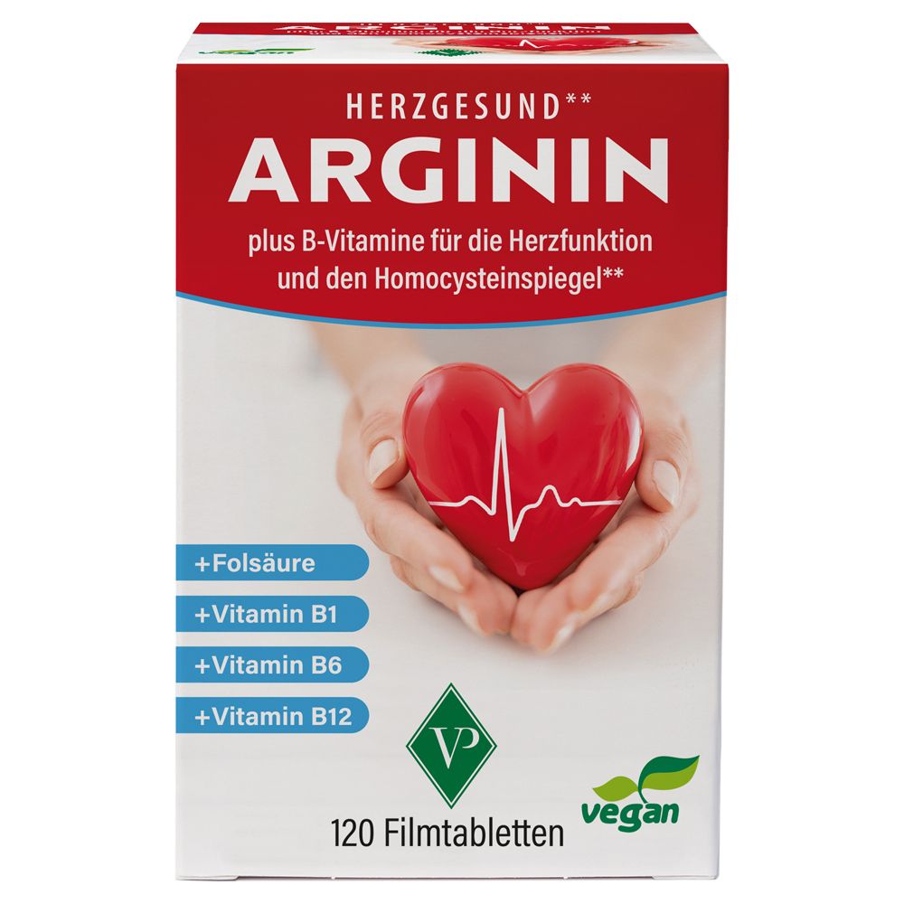 Weiße Schachtel mit rotem Deckel. Aufschrift: Arginin, plus B-Vitamine. Enthält 120 Tabletten. Vegan.