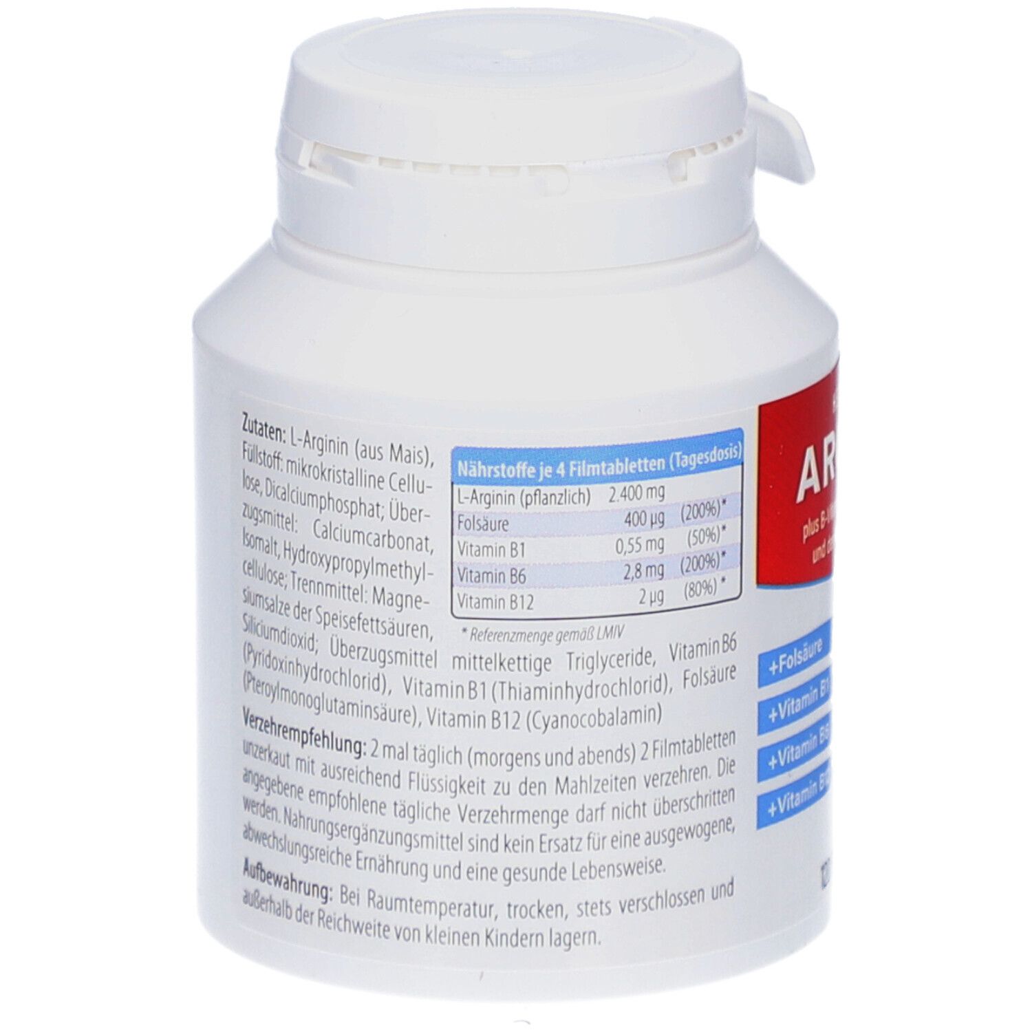 Rückseite der weißen Flasche. Text mit Inhaltsstoffen und Nährwertangaben. Schraubverschluss.