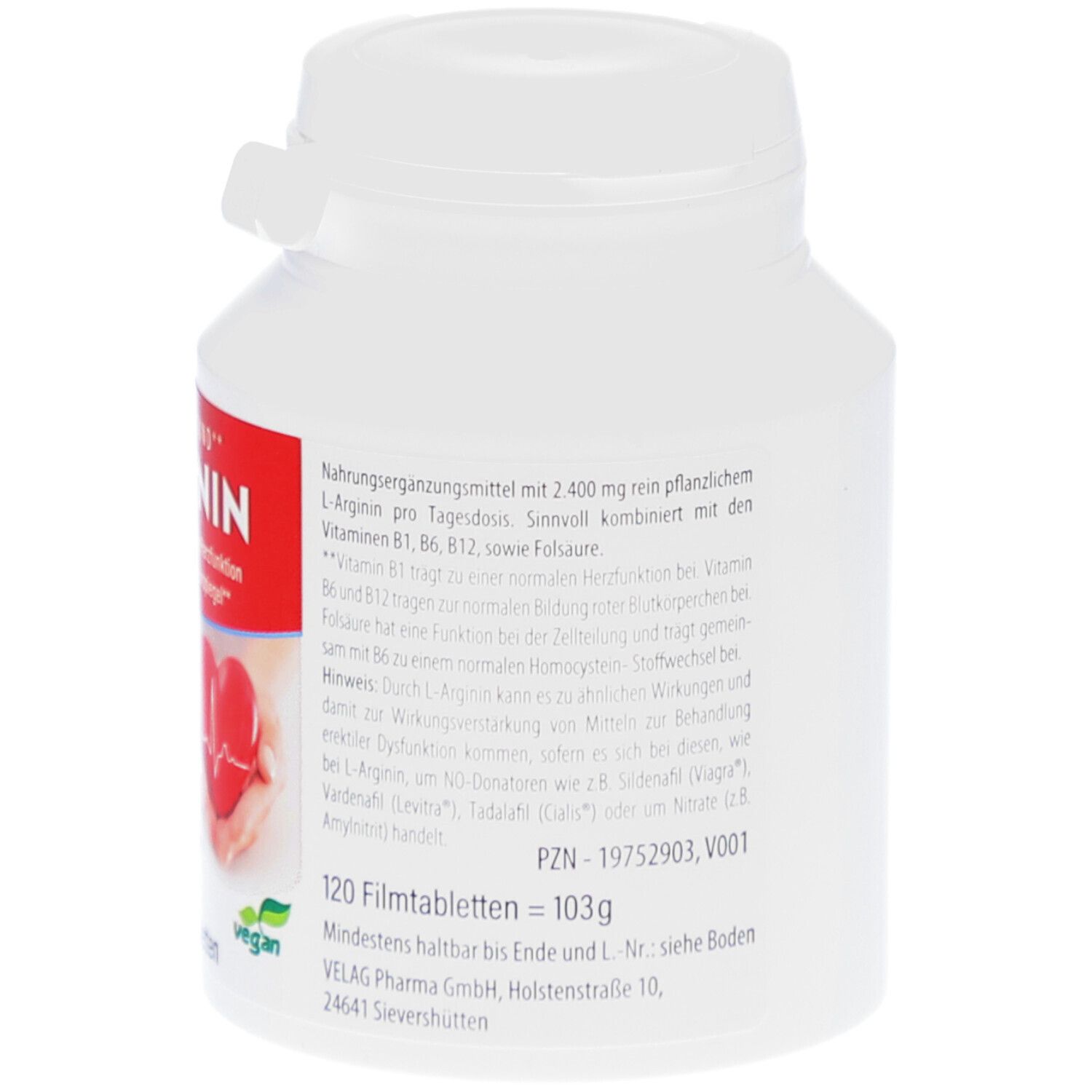 Rückseite der weißen Flasche. Text mit Nährwertangaben und Herstellerinformationen. 120 Filmtabletten.