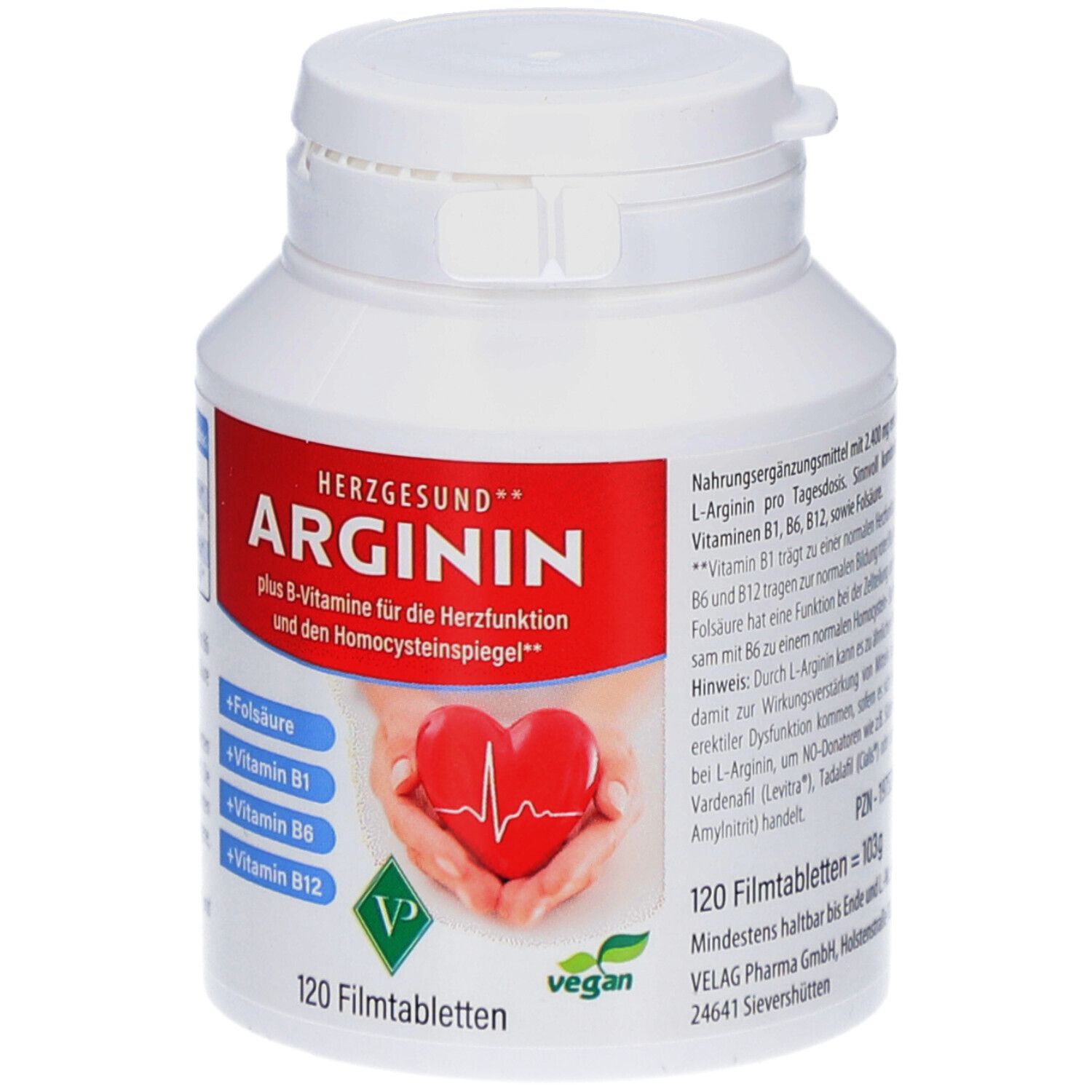 Weiße Flasche mit rotem Etikett. Aufschrift: ARGININ, plus B-Vitamine. 120 Filmtabletten. Vegan-Siegel.