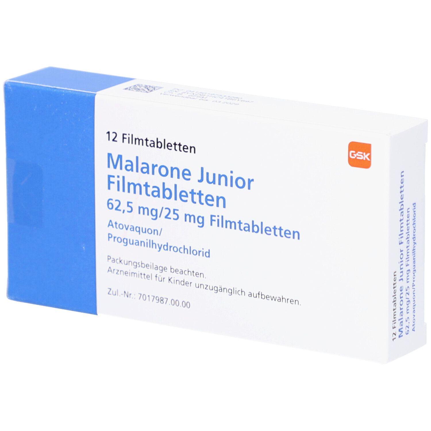 Schachtel mit 12 Filmtabletten. Aufschrift: Malarone Junior Filmtabletten, 62,5 mg/25 mg. Enthält Atovaquon/Proguanilhydrochlorid. GSK-Logo.
