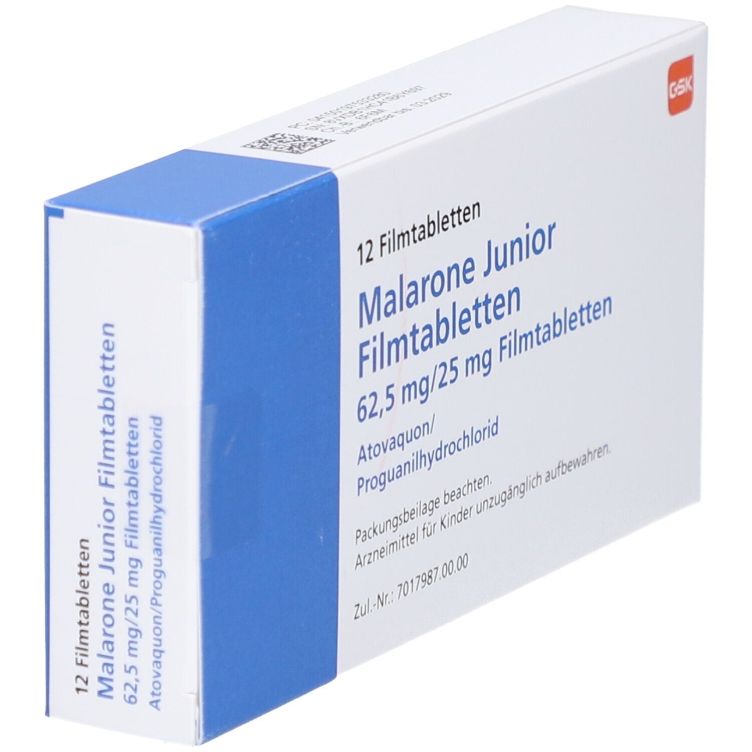 Schachtel mit 12 Filmtabletten. Aufschrift: Malarone Junior Filmtabletten, 62,5 mg/25 mg. Enthält Atovaquon/Proguanilhydrochlorid. GSK-Logo.