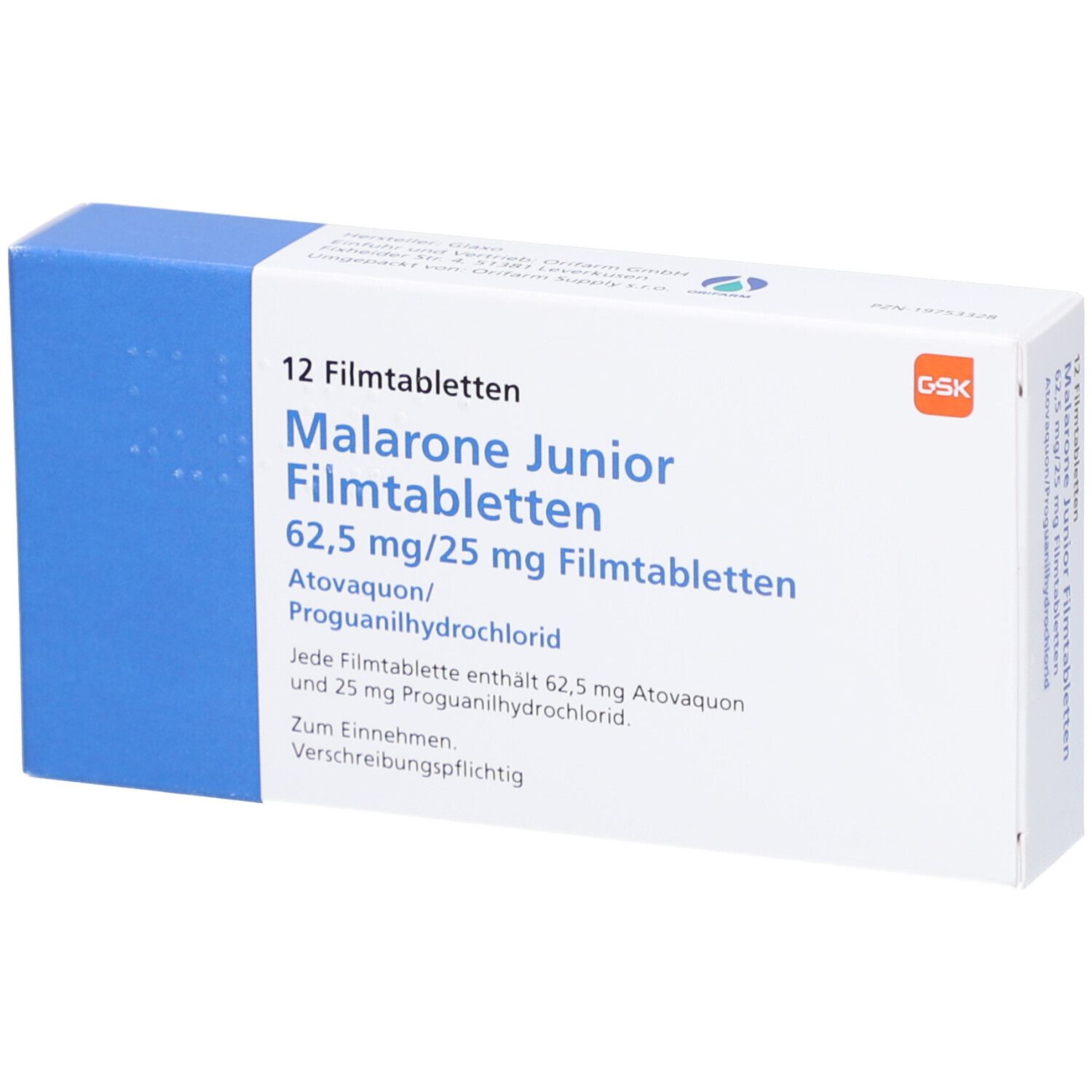 Schachtel mit 12 Filmtabletten. Aufschrift: Malarone Junior Filmtabletten, 62,5 mg/25 mg. Enthält Atovaquon/Proguanilhydrochlorid. GSK-Logo.