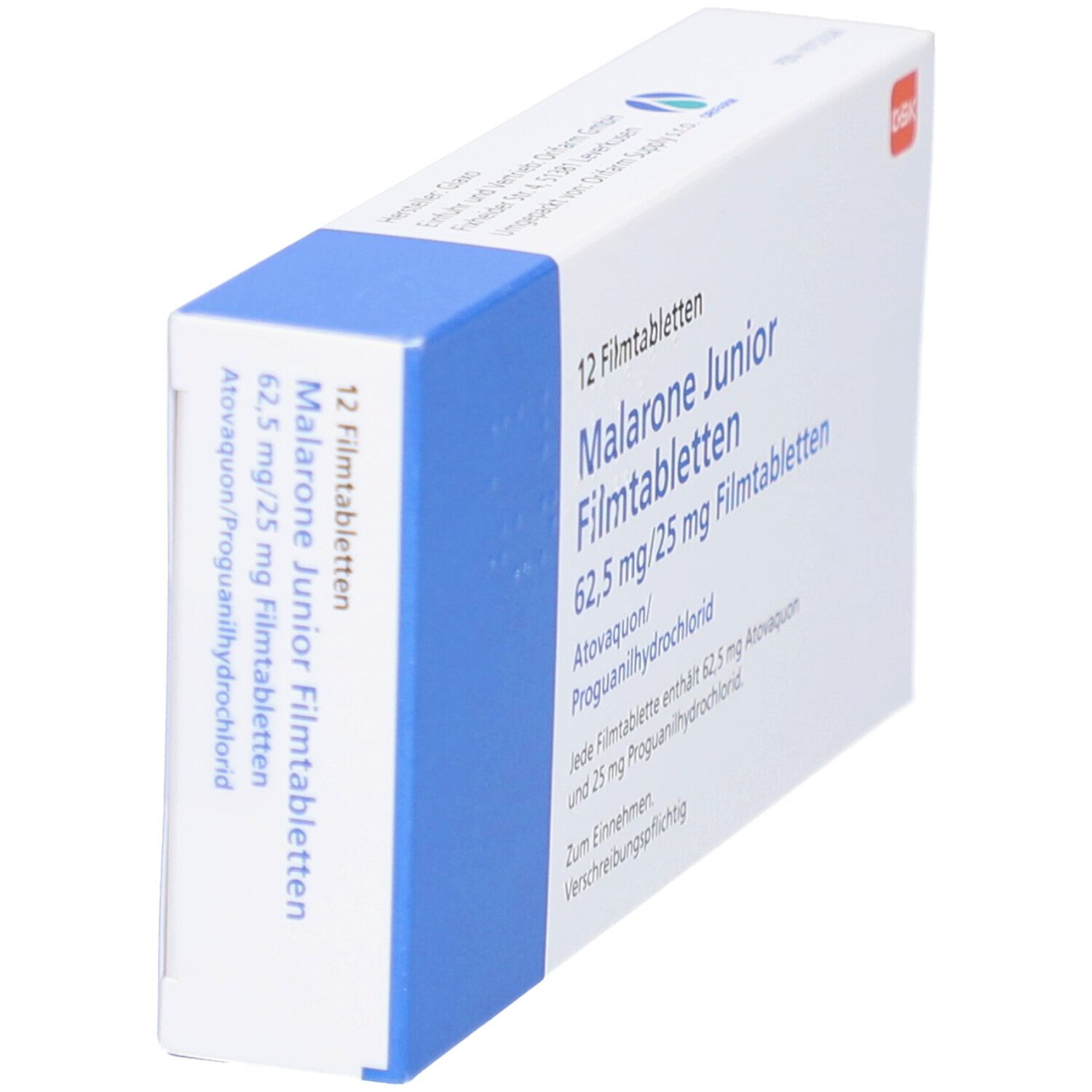 Schachtel mit 12 Filmtabletten. Aufschrift: Malarone Junior Filmtabletten, 62,5 mg/25 mg. Enthält Atovaquon/Proguanilhydrochlorid. GSK-Logo.
